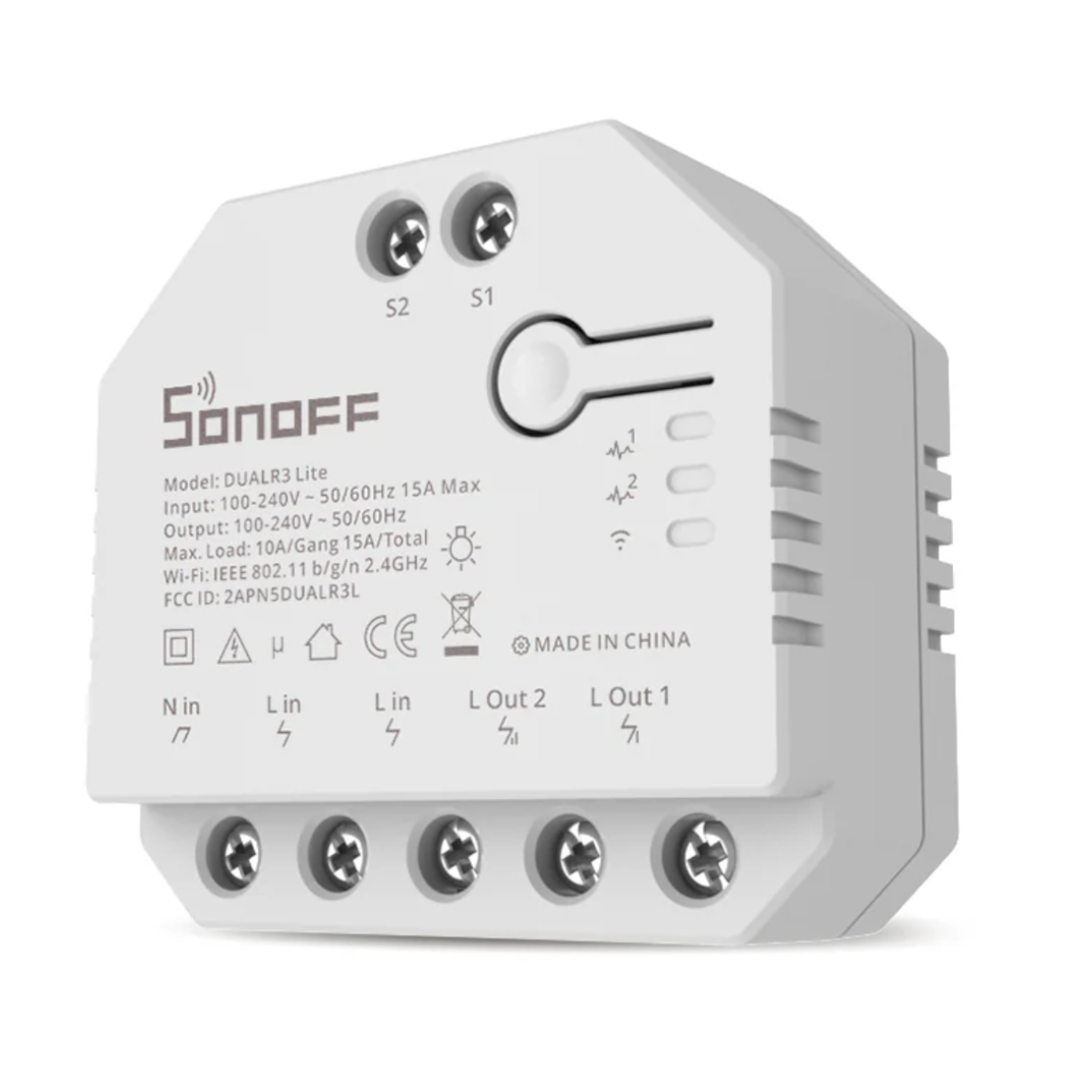 Biały przełącznik Sonoff DUALR3 Lite pokazujący zaciski i specyfikacje.