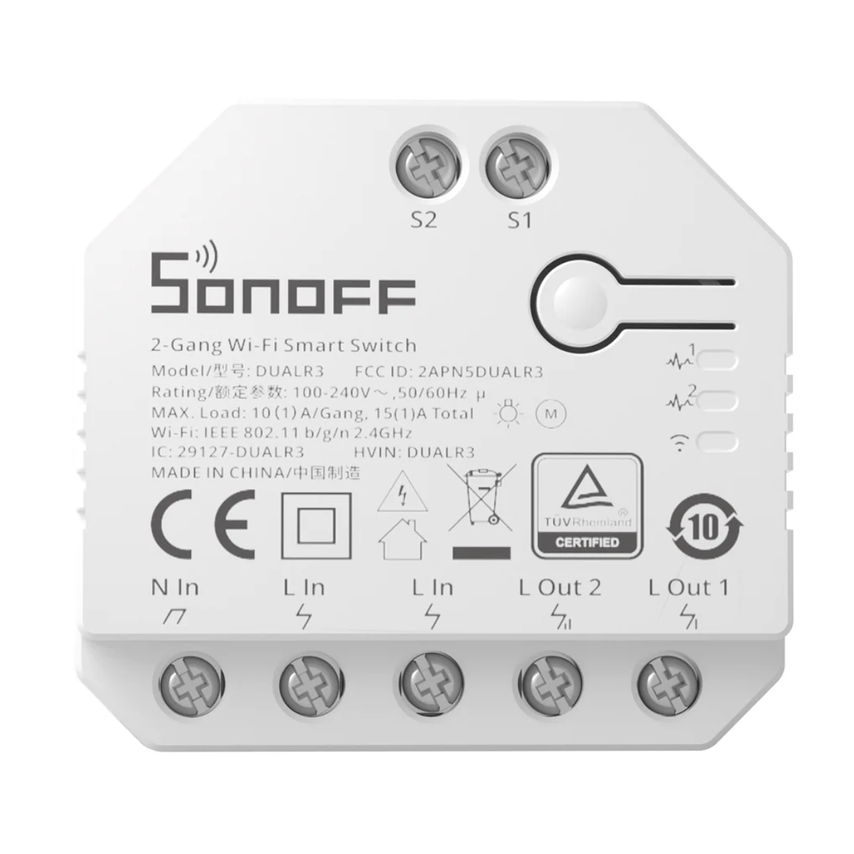 Inteligentny przełącznik Sonoff Wi-Fi 2-kanałowy ze złączami wejściowymi i wyjściowymi.