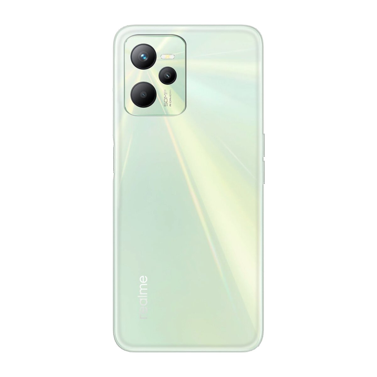 Ein hellgrünes Smartphone mit drei Kameras auf der Rückseite.
