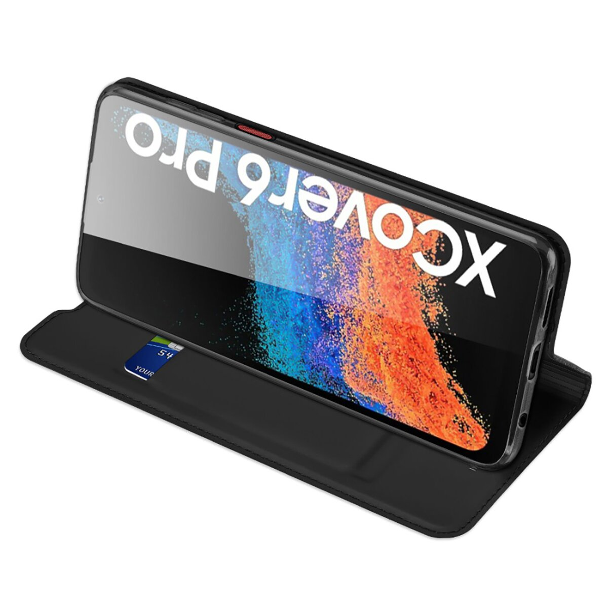 Telefono flip nero con scritta "XCOVER6 PRO" sullo schermo.