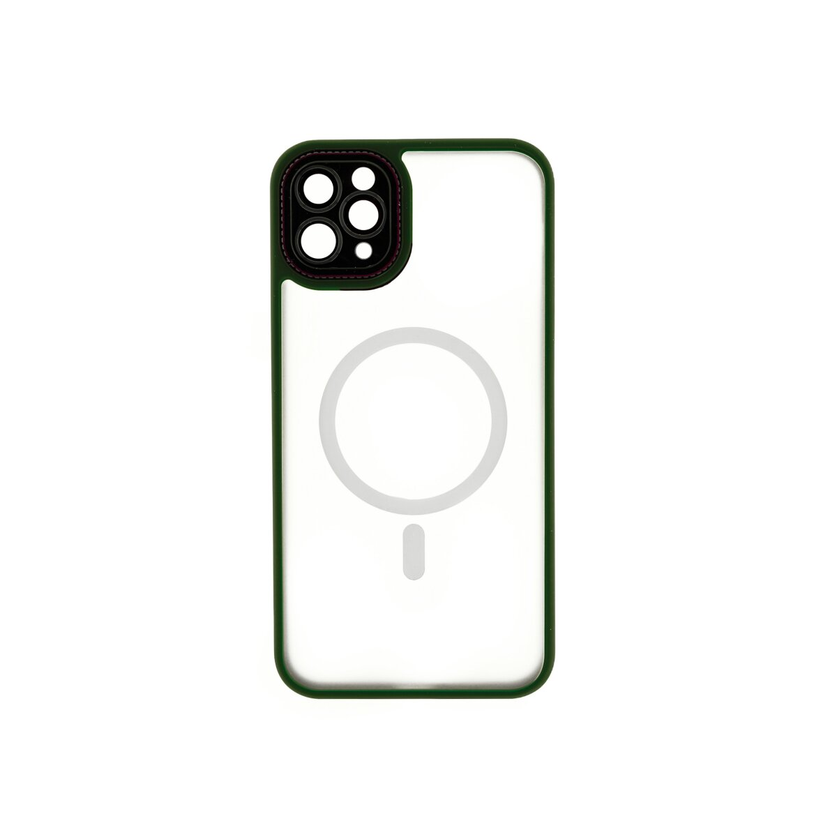Custodia verde per telefono con cerchio MagSafe e ritaglio fotocamera.