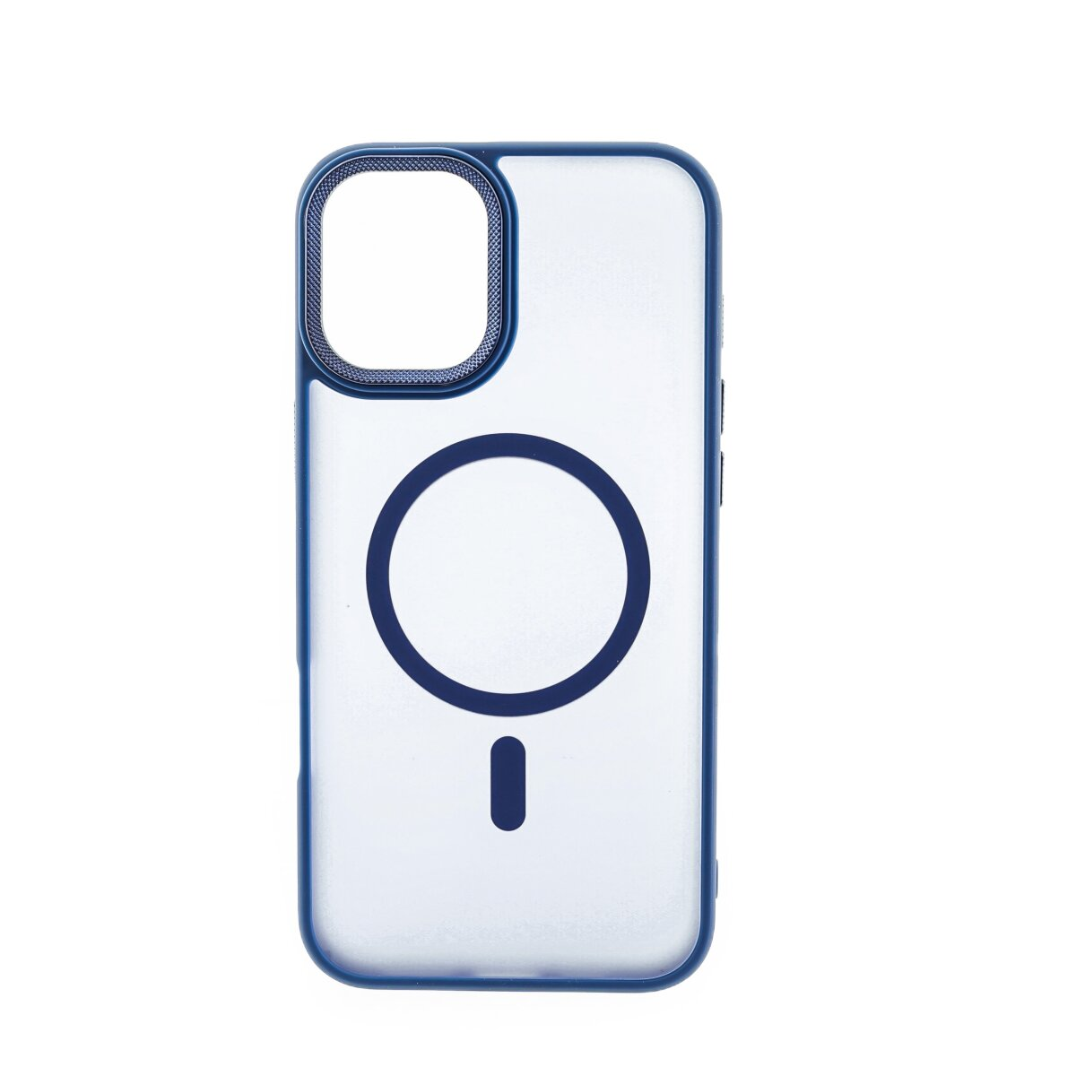 Custodia trasparente per telefono con bordo blu e simbolo MagSafe.