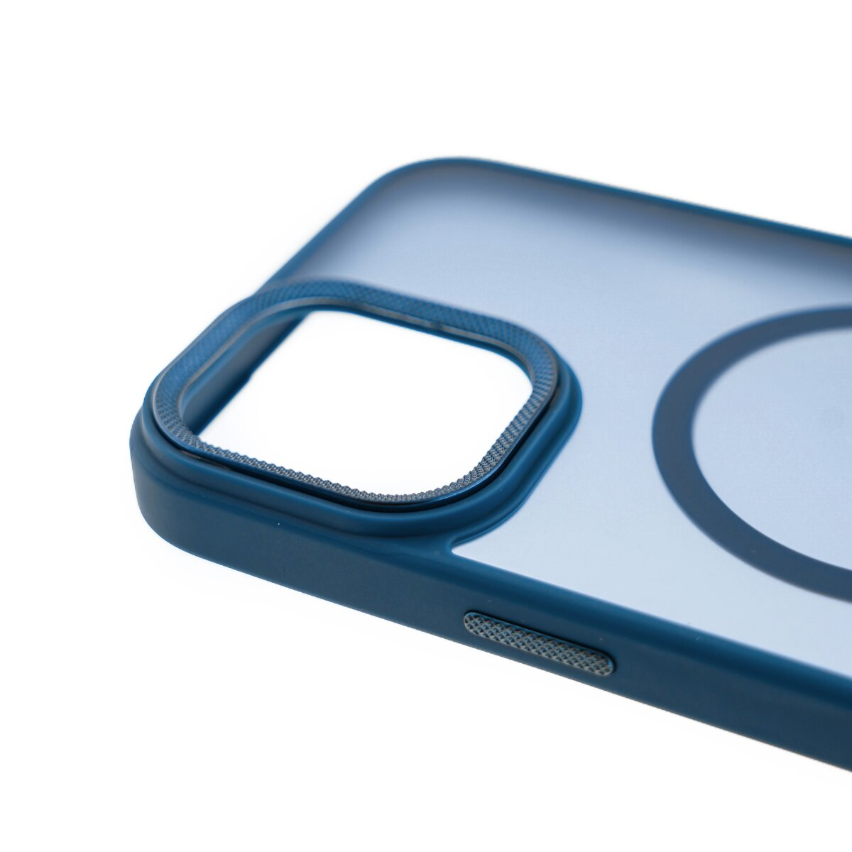 Custodia blu scuro per telefono con ritaglio fotocamera e anello magnetico.