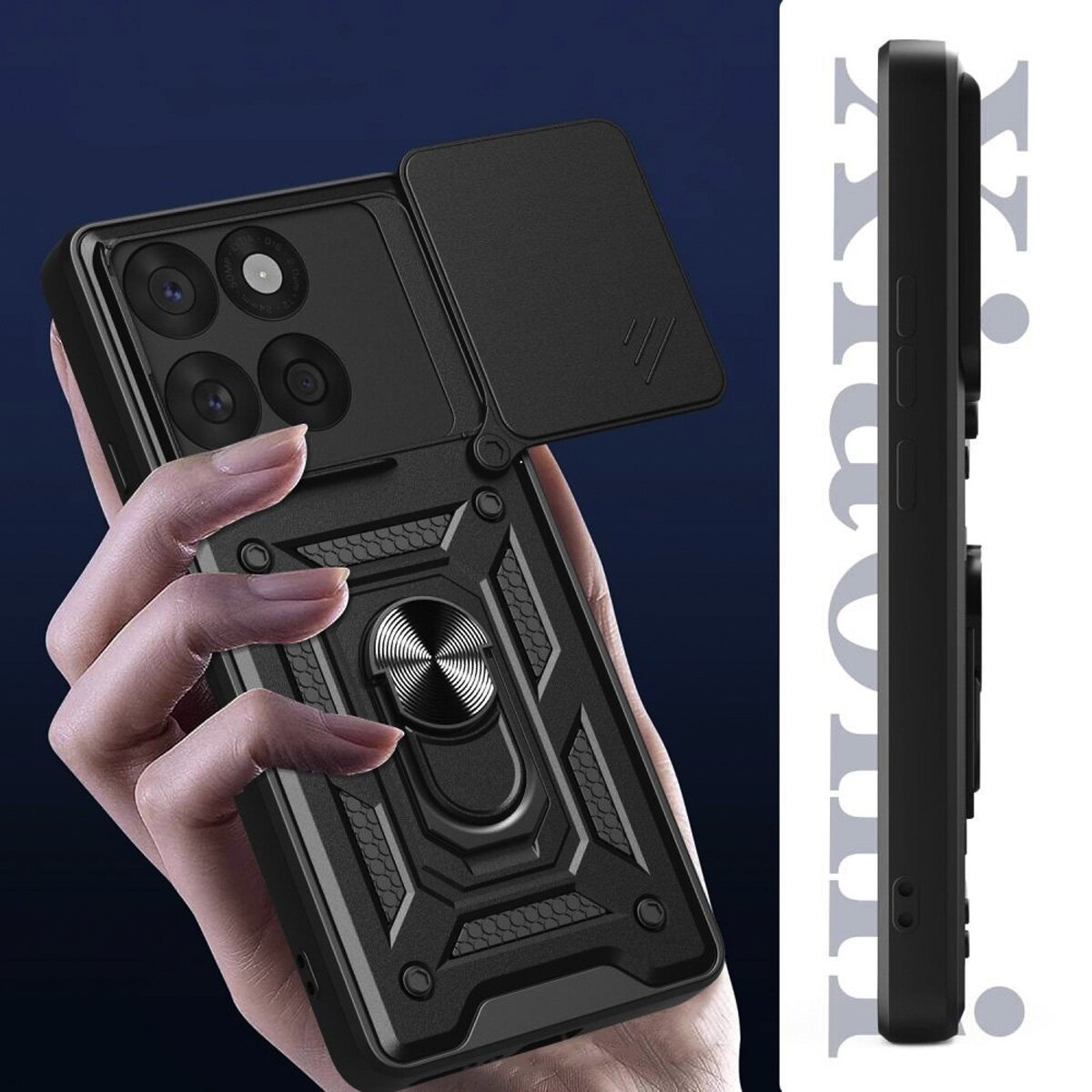 Schwarze Handyhülle mit Ringhalter und Kameraabdeckung, in Hand gehalten.