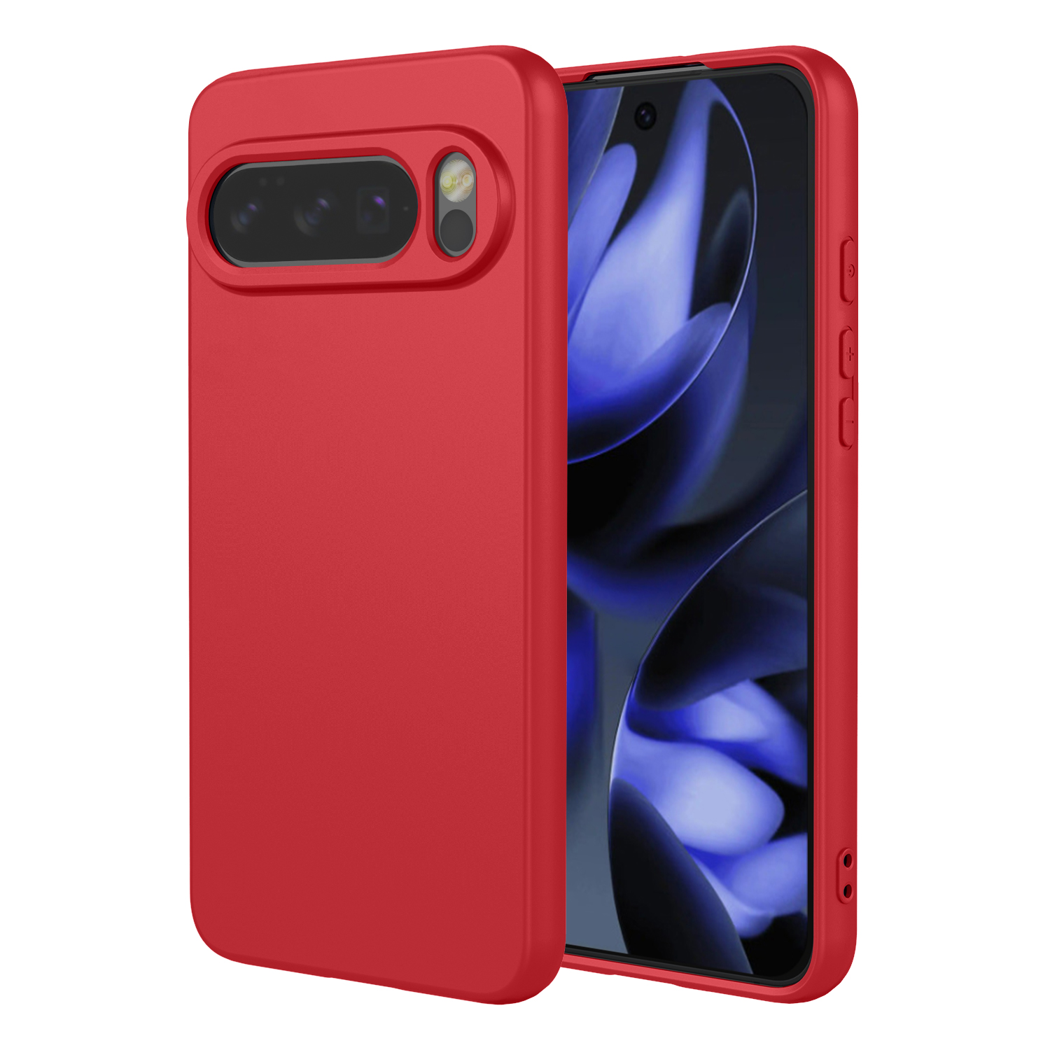 Een rode telefoonhoes ligt naast een smartphone met blauwe achtergrond.