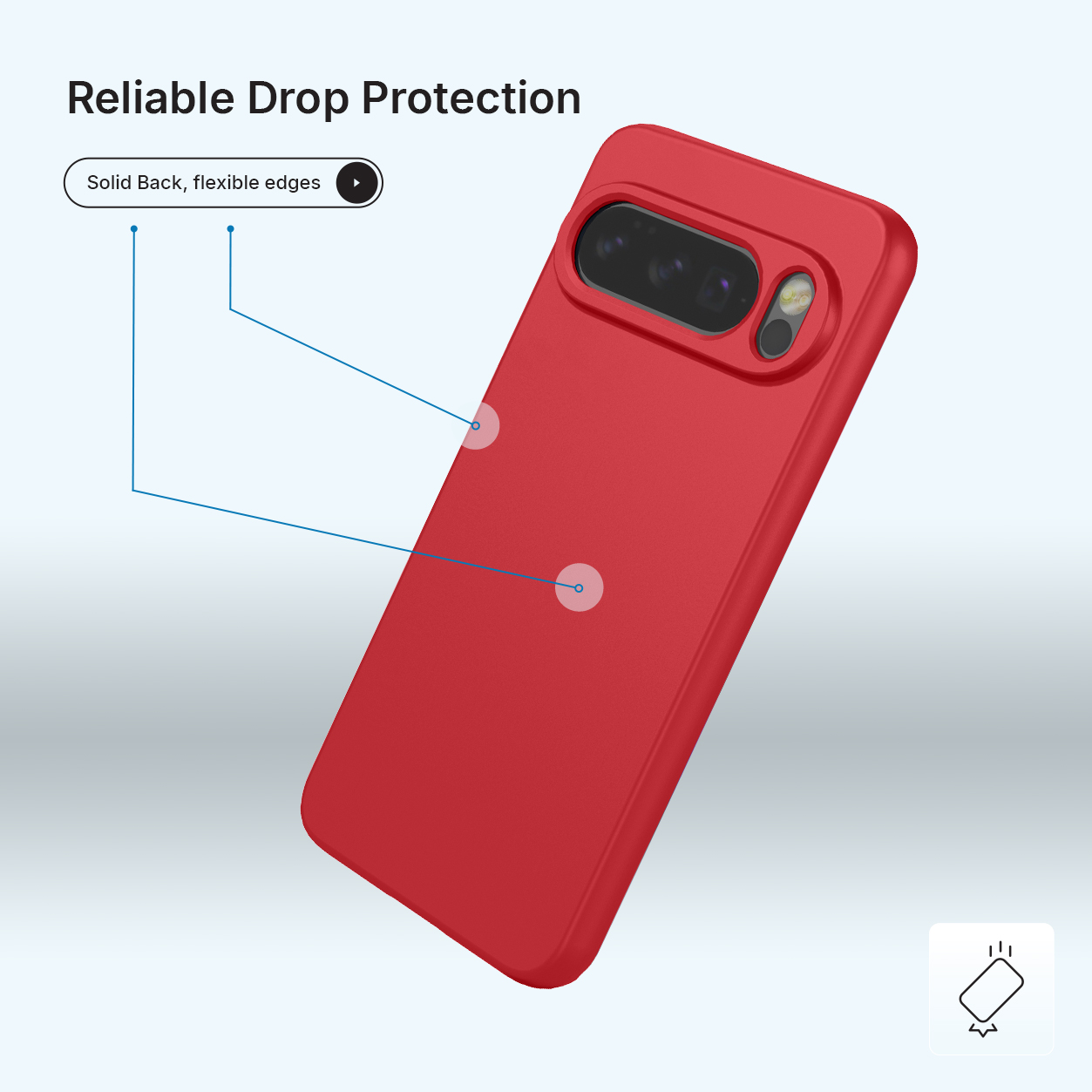 Rode telefoonhoes met camerabescherming en flexibele randen. Tekst: Betrouwbare valbescherming.