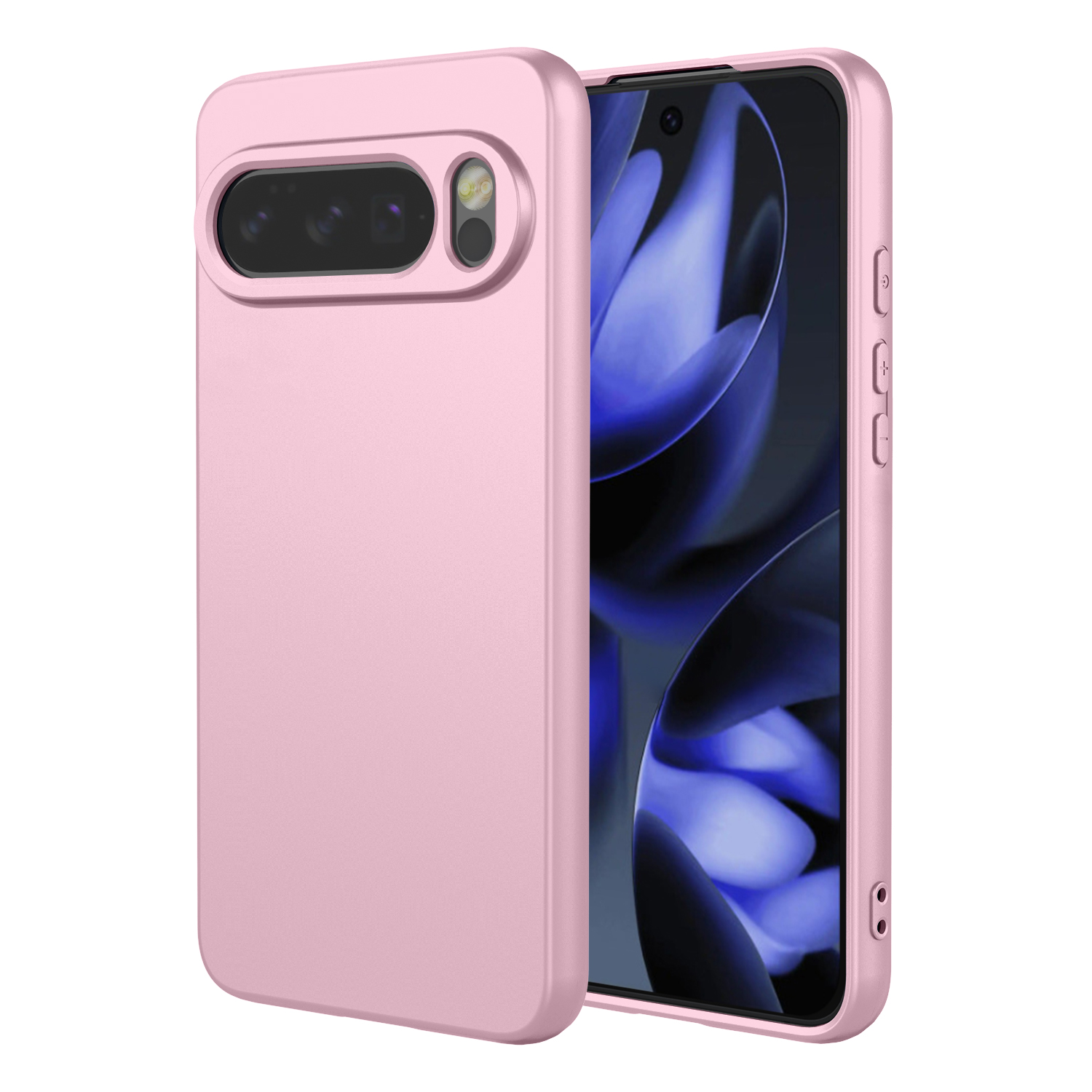 Een roze telefoonhoesje met drie camera's aan de achterkant en een telefoonscherm zichtbaar.