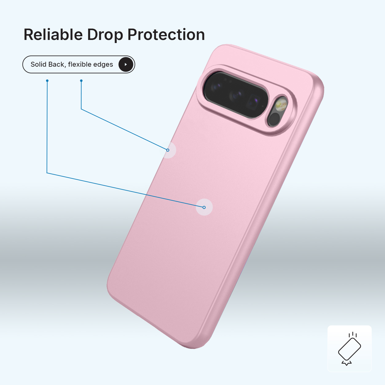 Een roze telefoonhoes met cameraprotectie en flexibele randen.