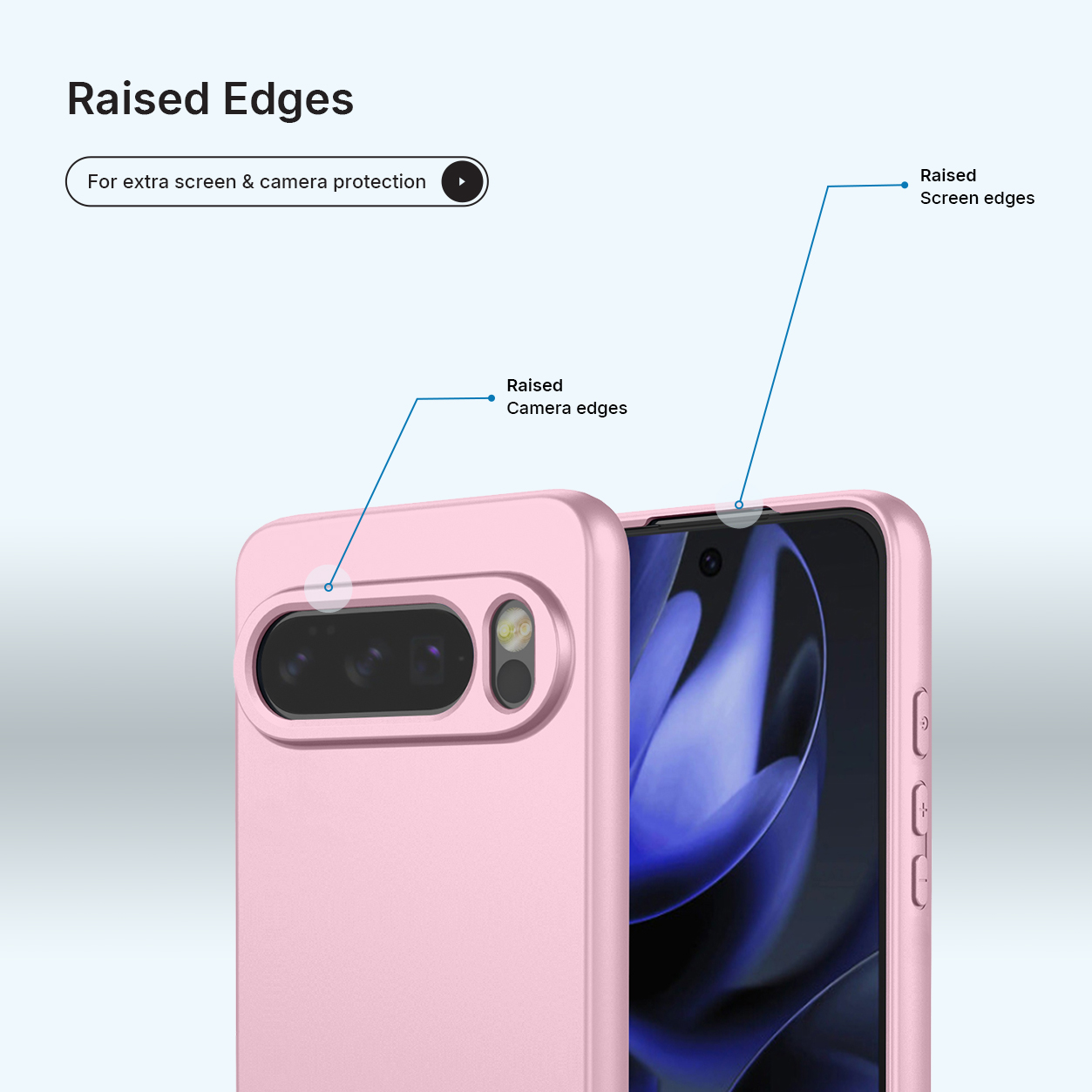 Een roze telefoonhoesje benadrukt verhoogde randen voor scherm- en camerabescherming.