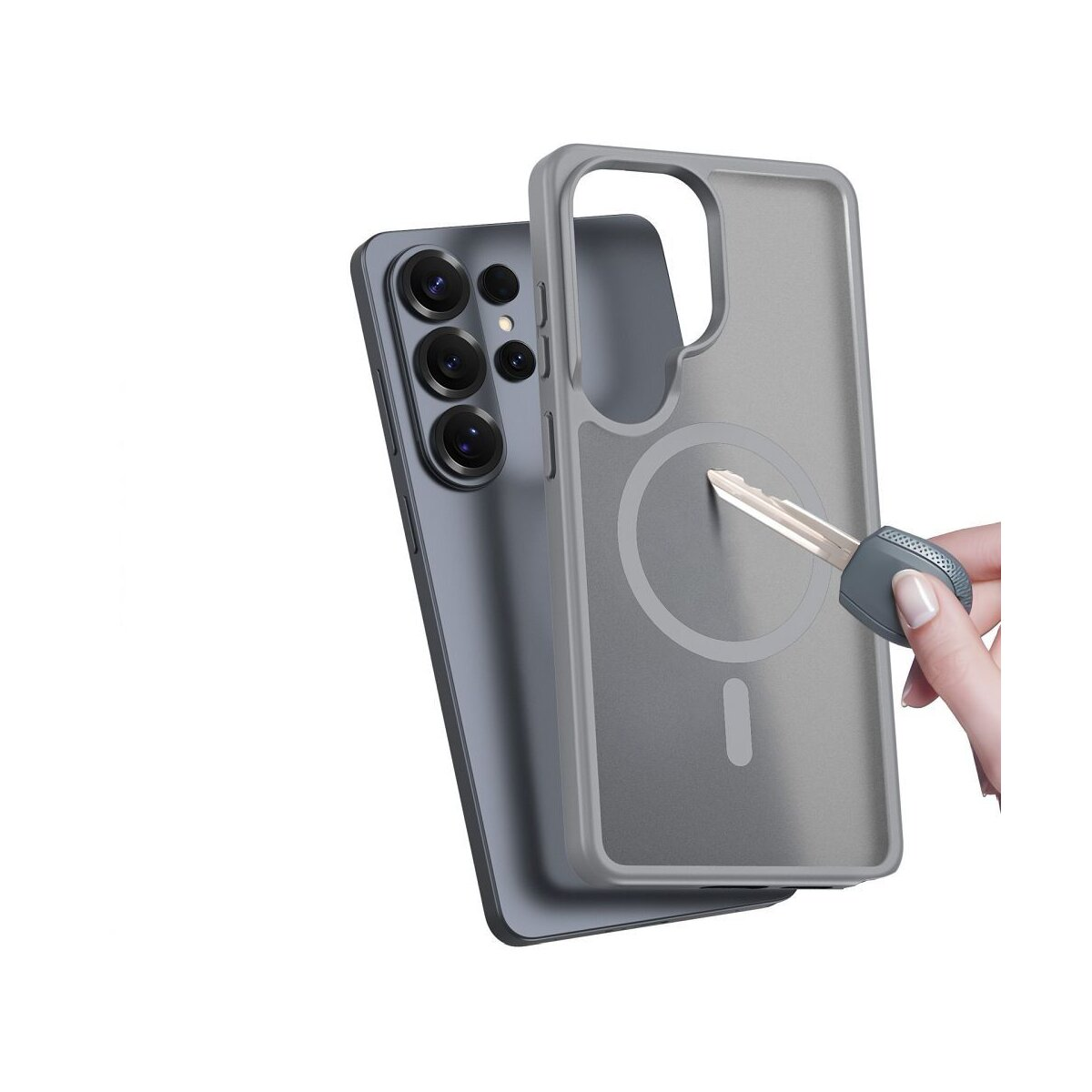 Graue Handyhülle mit Magnetring und Schlüssel, auf weißem Hintergrund.