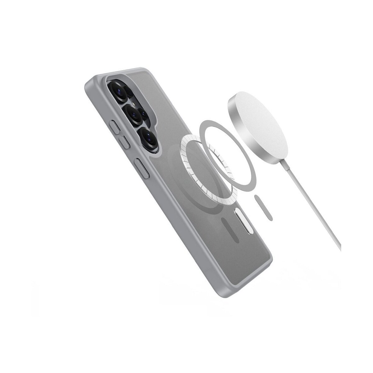 Graue Handyhülle mit Magnetring und Ladegerät auf weißem Hintergrund.