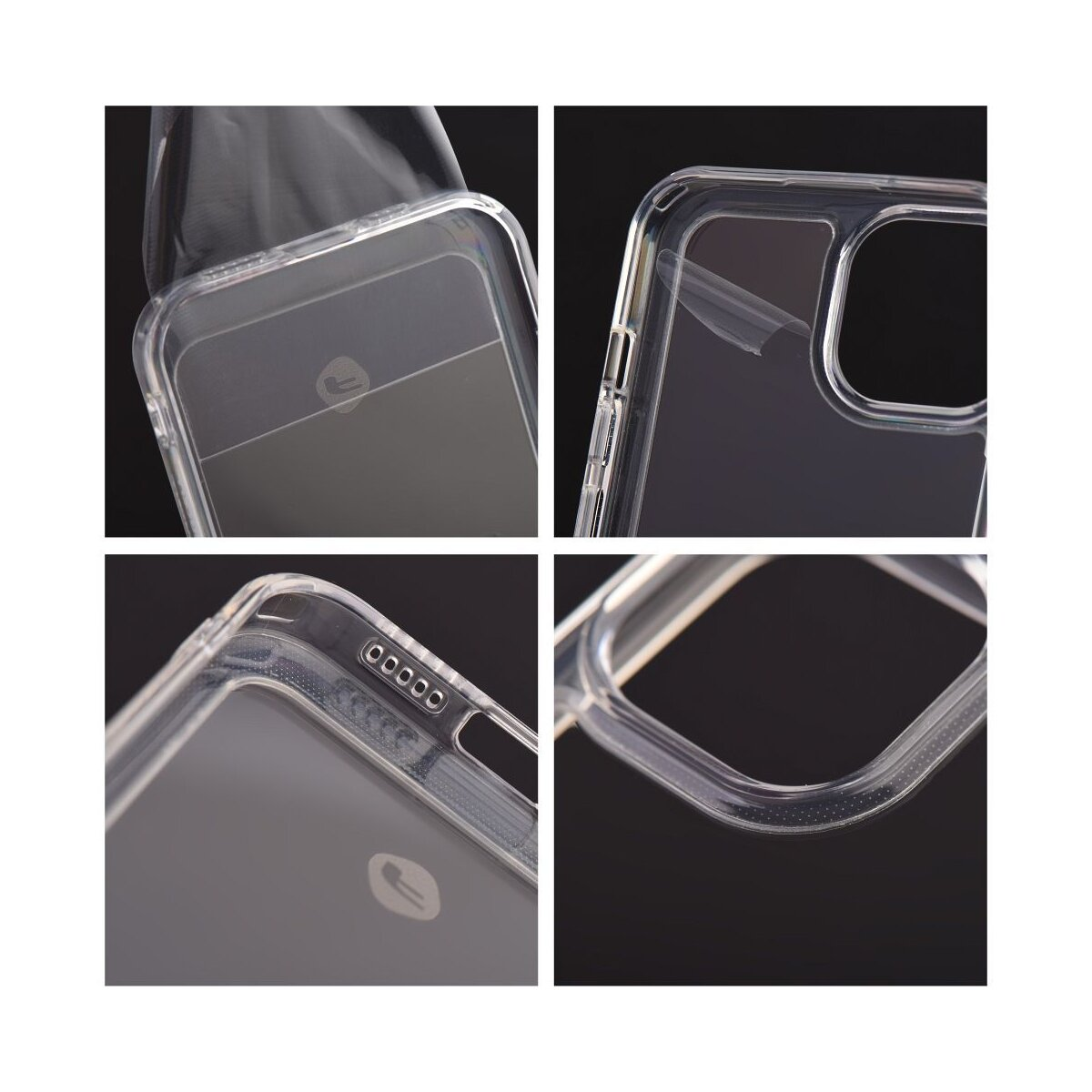 Quattro primi piani di una cover trasparente per telefono, con ritagli per fotocamera e porte.