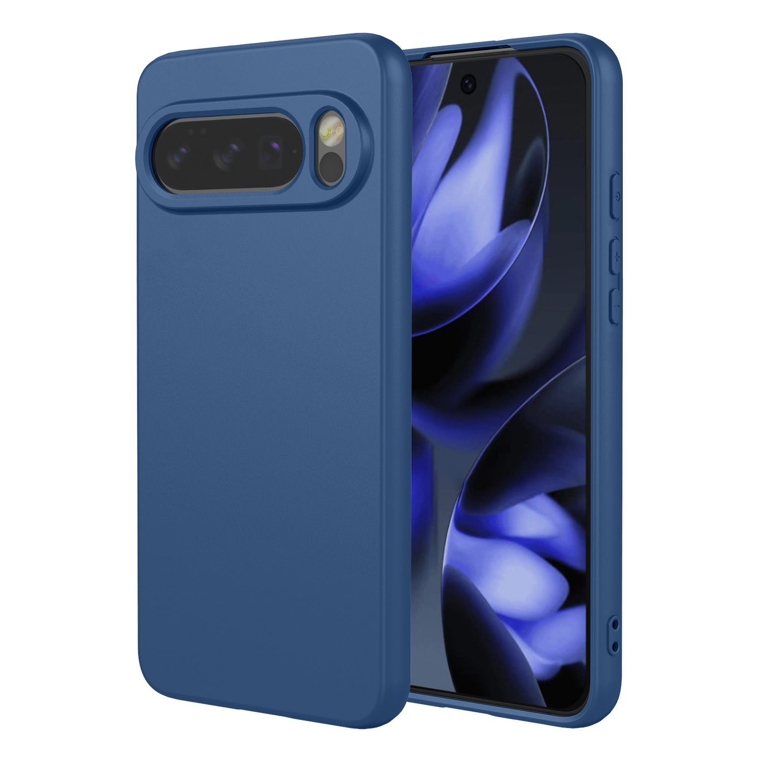 Blauw telefoonhoesje met camera-uitsparing en smartphone met blauw behang.