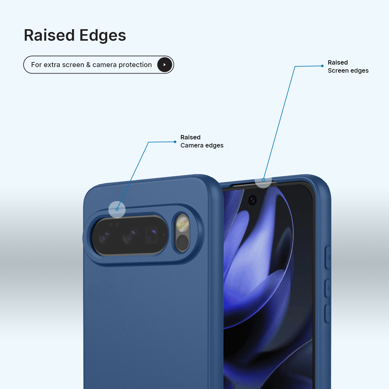 Blauwe telefoonhoes met verhoogde randen voor camera- en schermbescherming.