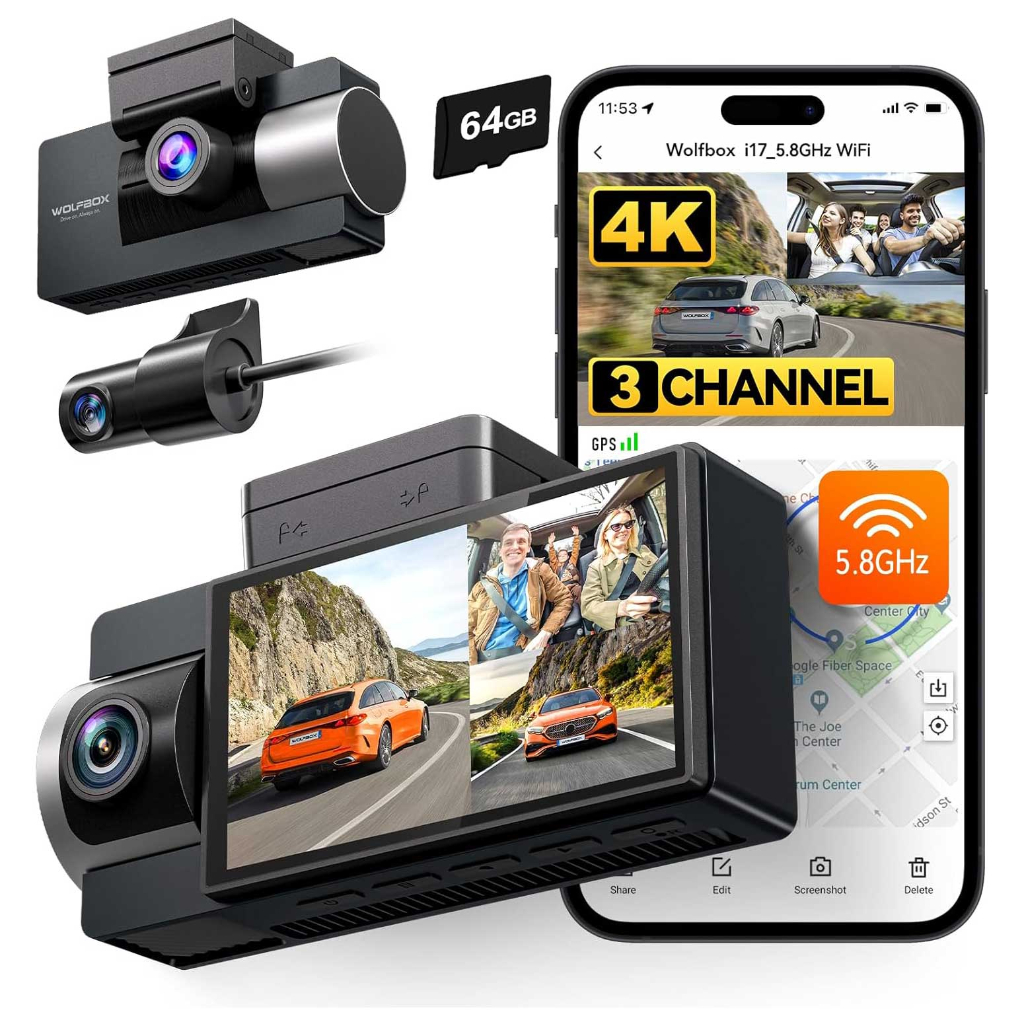 Een 3-kanaals dashcam set met SD-kaart en smartphone app weergave.