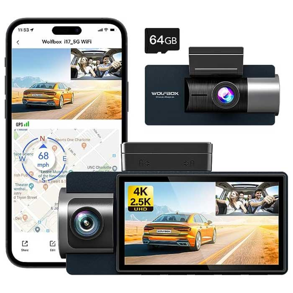 Smartphone toont kaart met auto; dashcam met 64GB geheugenkaart en schermweergave.