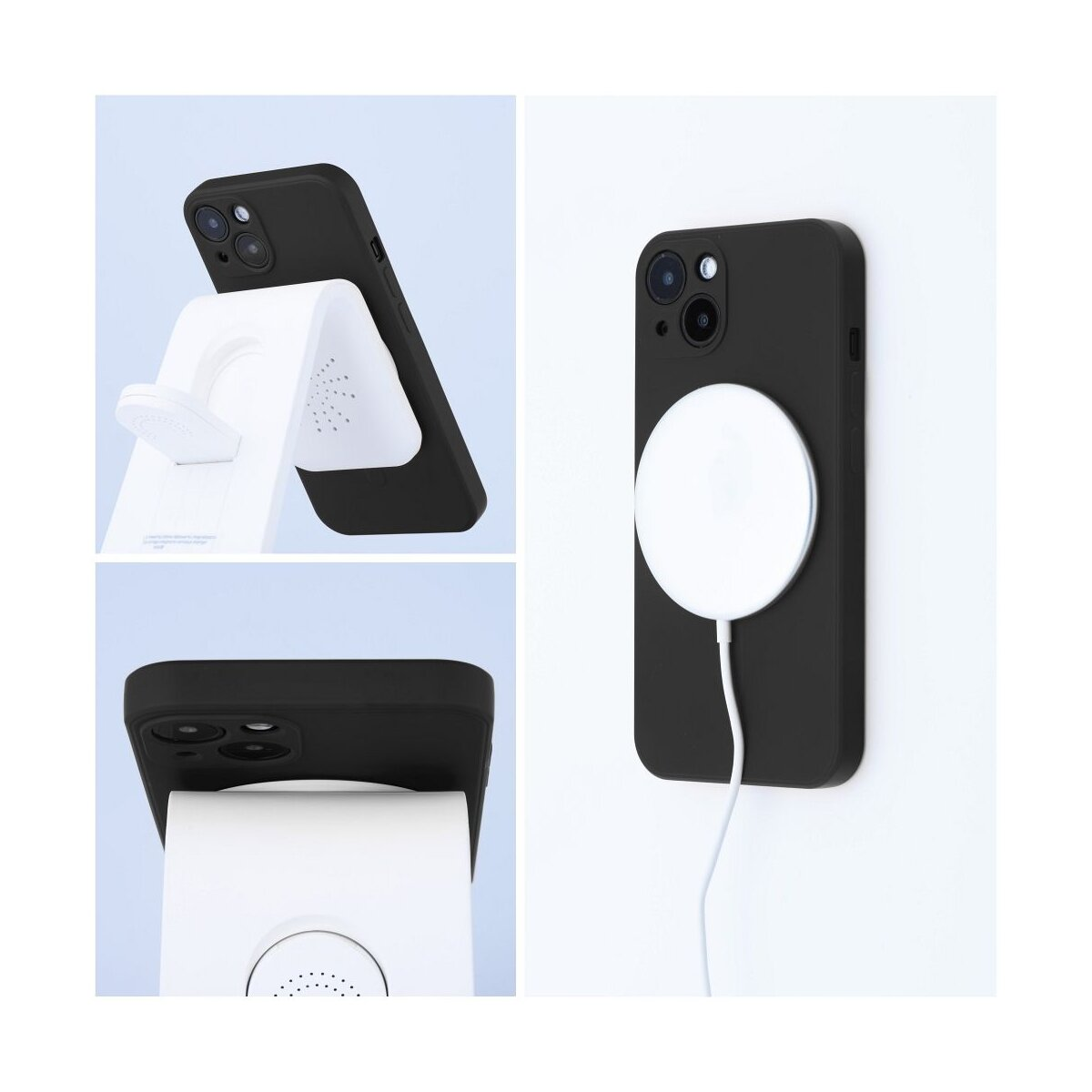 Schwarzes iPhone auf weißem Ladegerät und Ständer, mit Kabel.