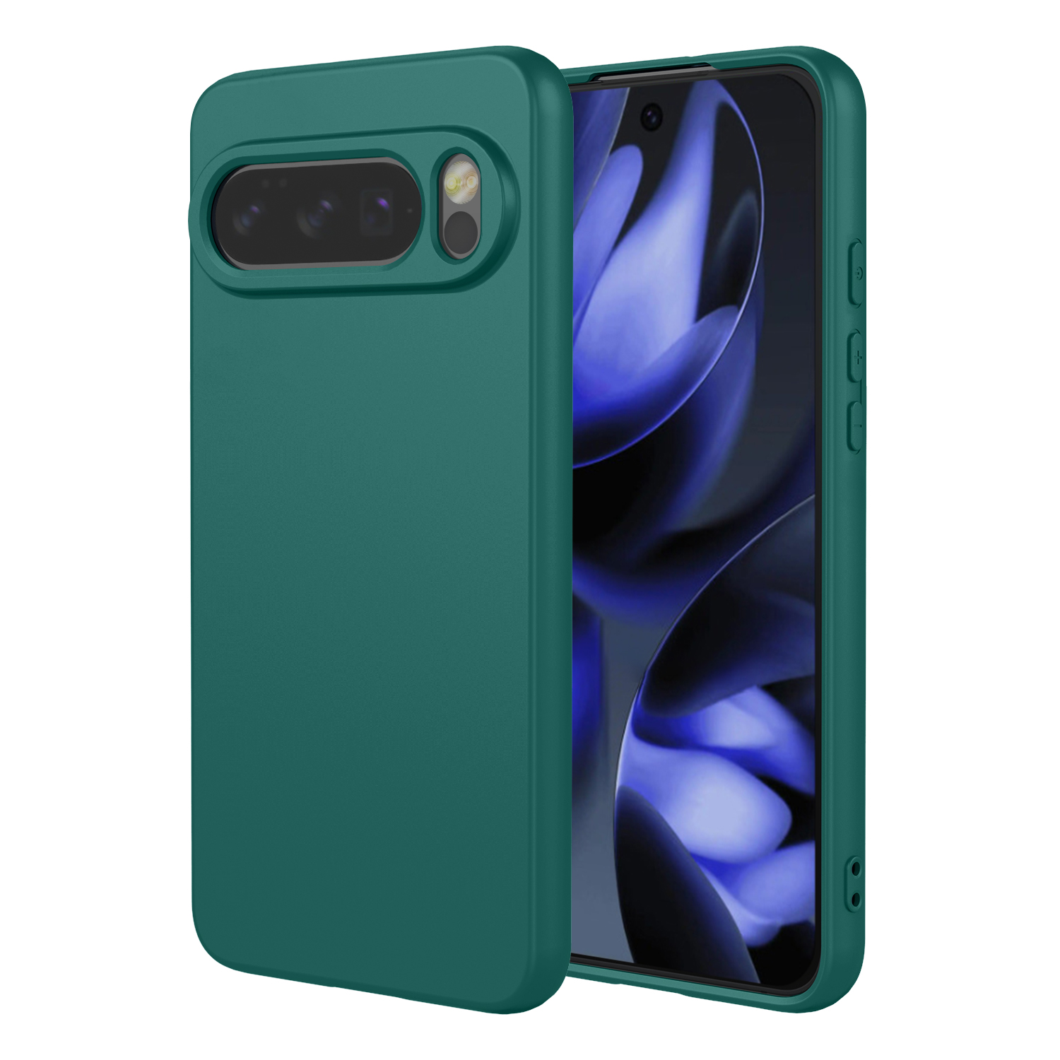 Een groene telefoonhoes met camera-uitsparing en een smartphone met blauwe achtergrond.