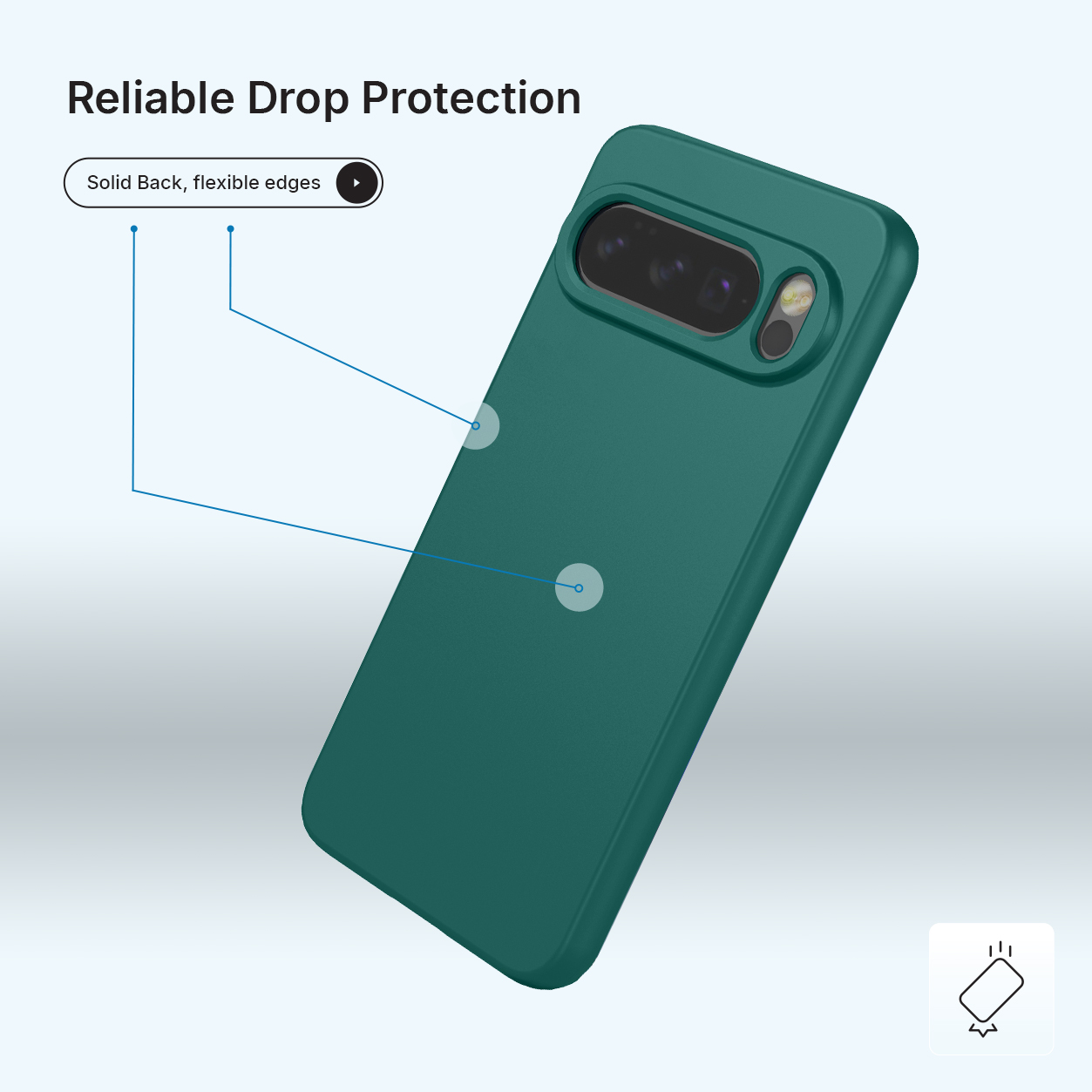 Donkergroene telefoonhoes met camera-uitsparing, valbescherming.
