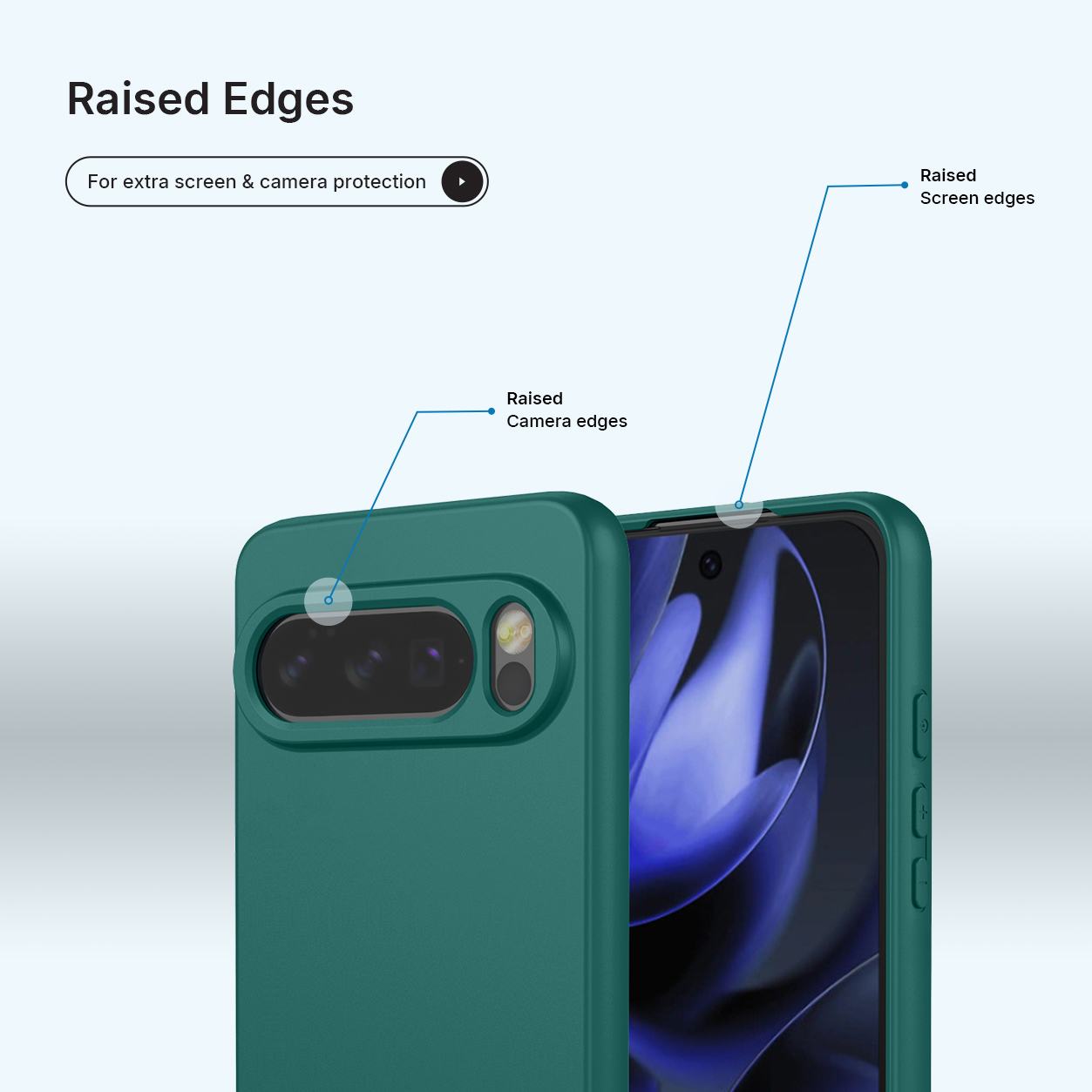 Groene telefoonhoes met verhoogde randen voor camera- en schermbescherming.