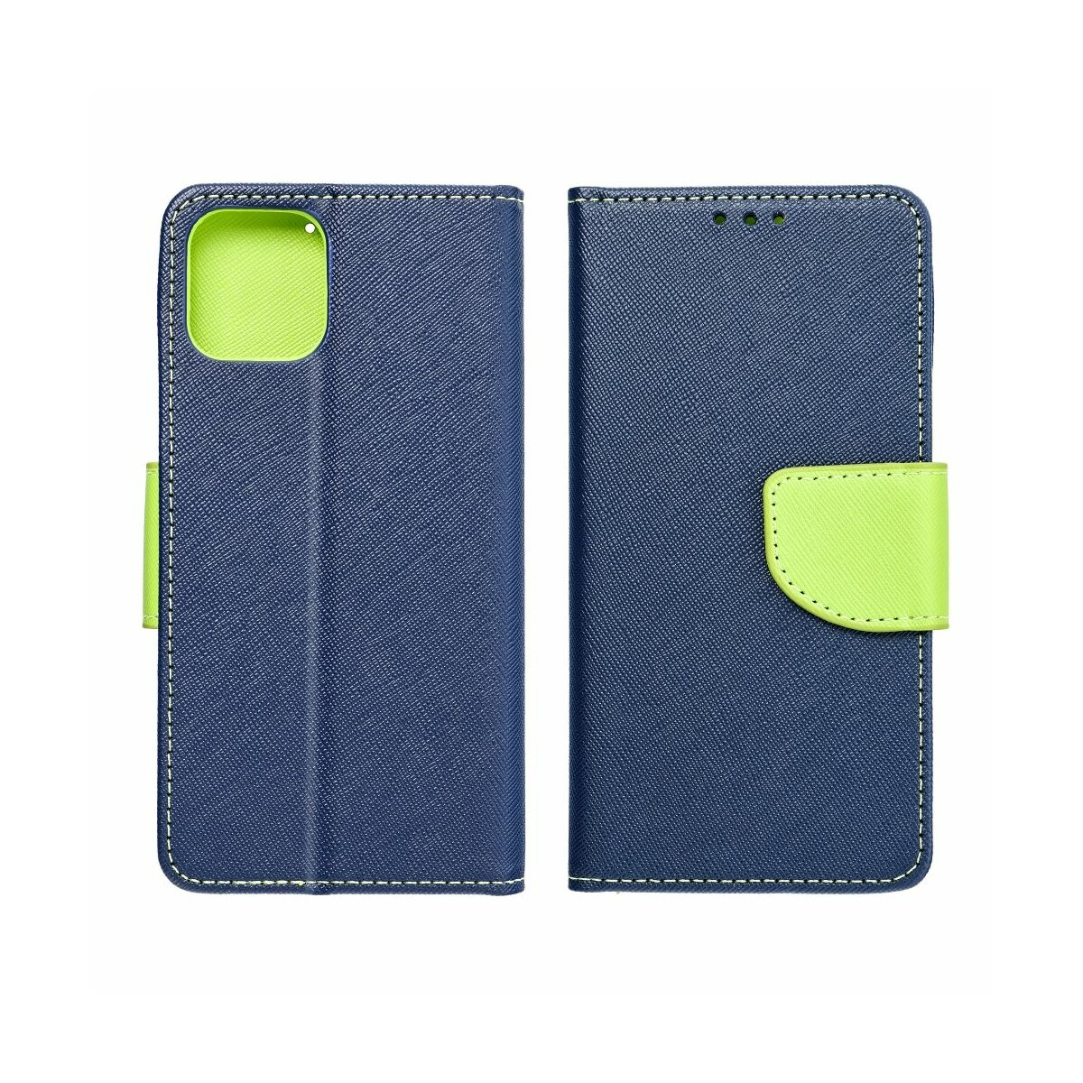 Blaues Handycover mit hellgrünen Akzenten und Nähten.