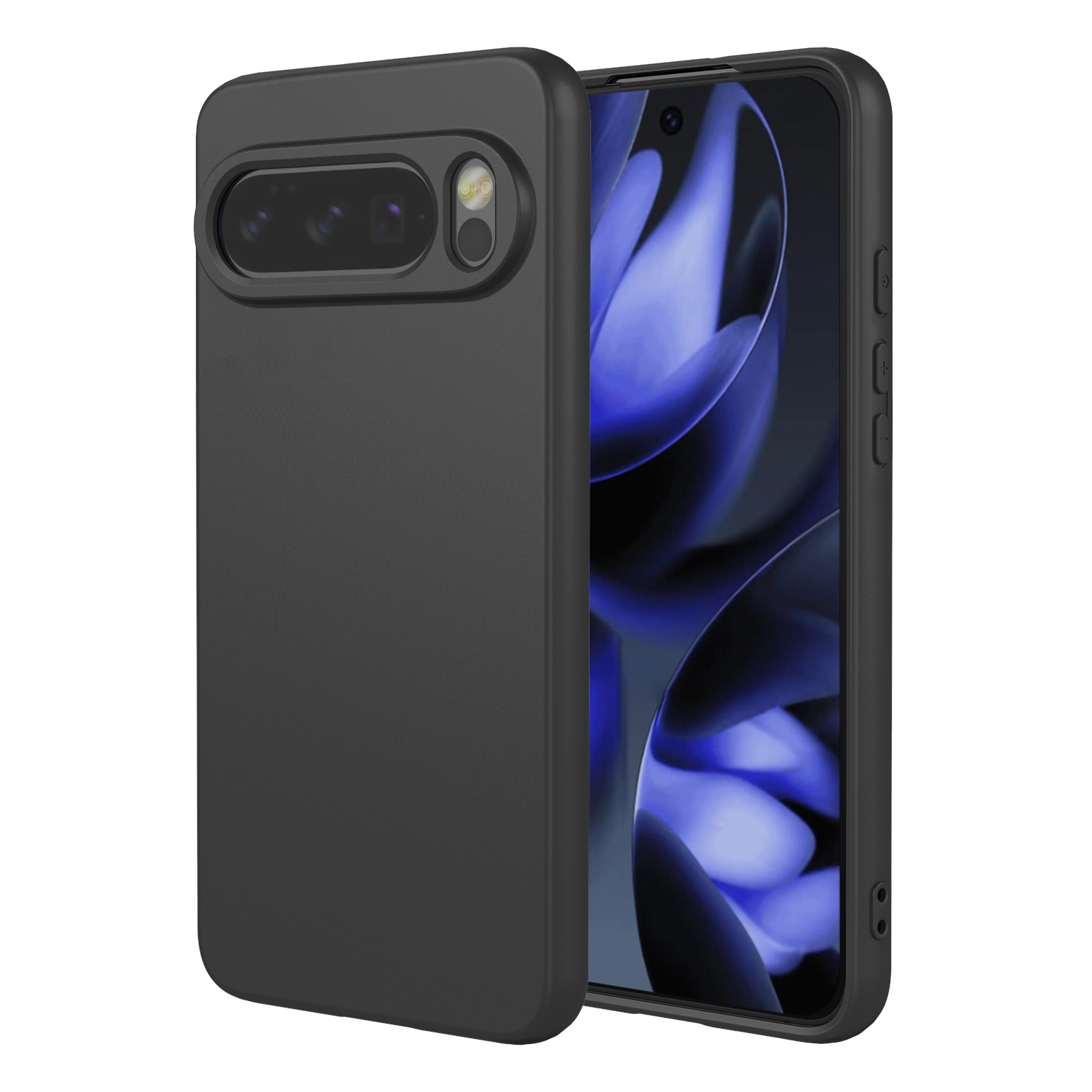 A black phone in a black case with a camera setup.