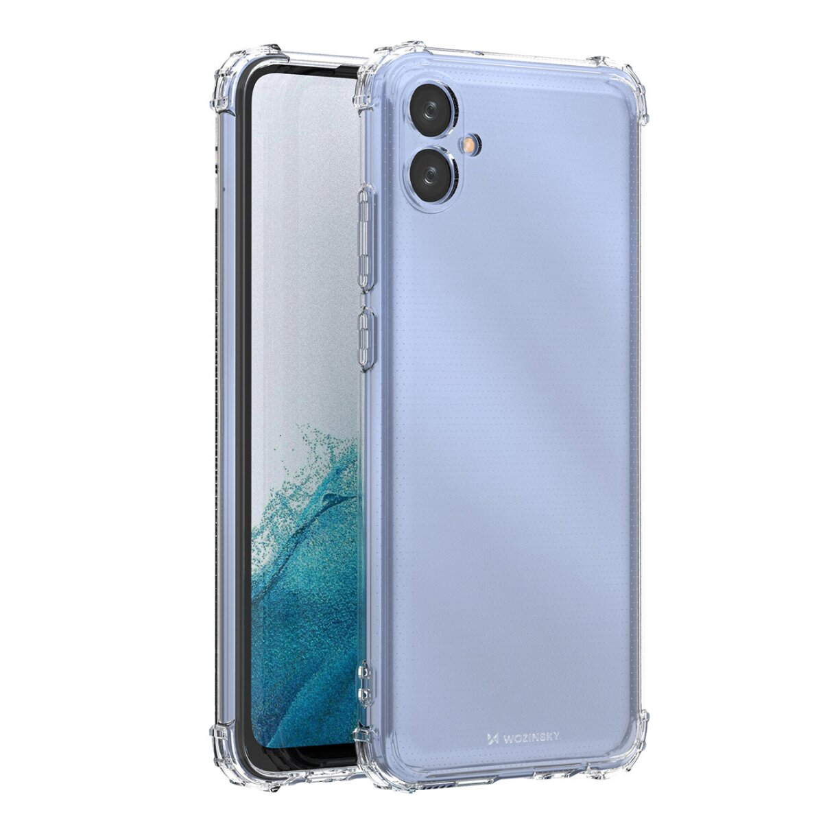 Transparente Handyhülle mit verstärkten Ecken auf einem hellblauen Handy.