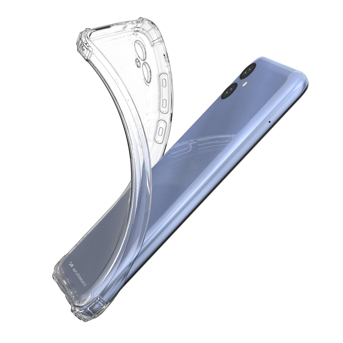 Ein durchsichtiger Handykoffer wird auf einem blauen Handy platziert.