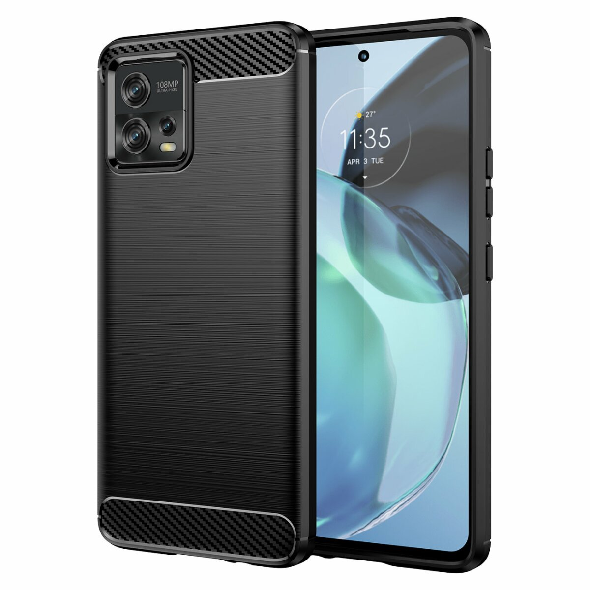 Schwarzes Handy mit Carbon-Akzenten und 108MP-Kamera. Zeit 11:35.