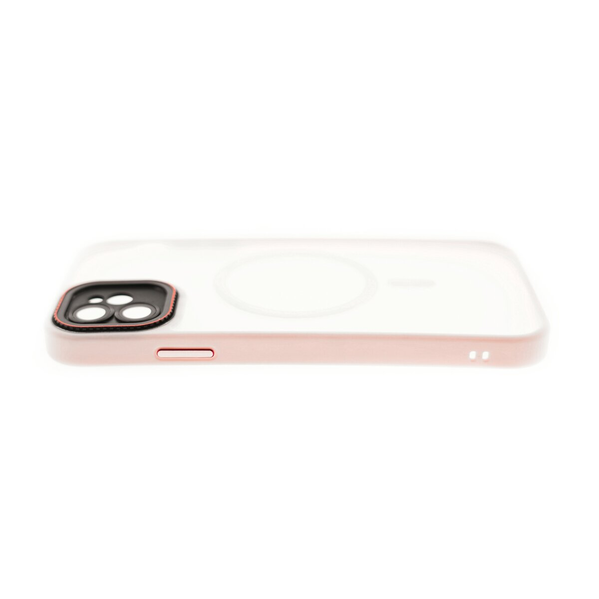 Una custodia trasparente per telefono con cornice rosa e ritaglio fotocamera.