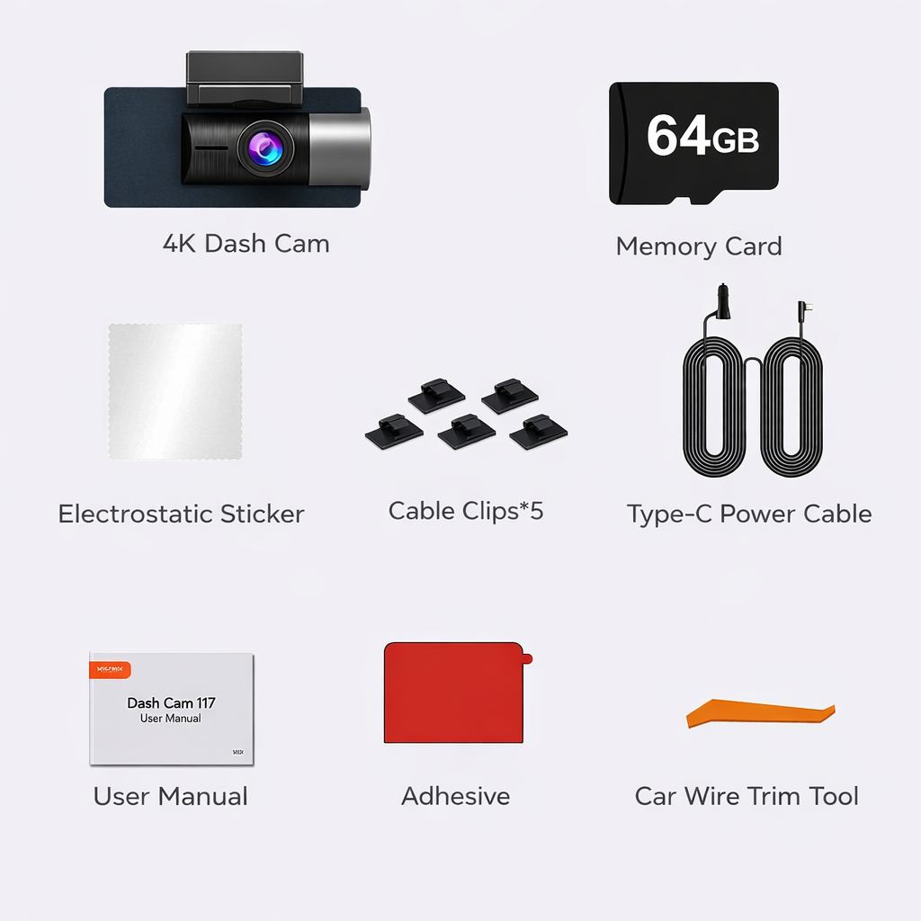 4K Dash Cam accessoires: geheugenkaart, sticker, clips, kabels, handleiding, lijm, gereedschap.