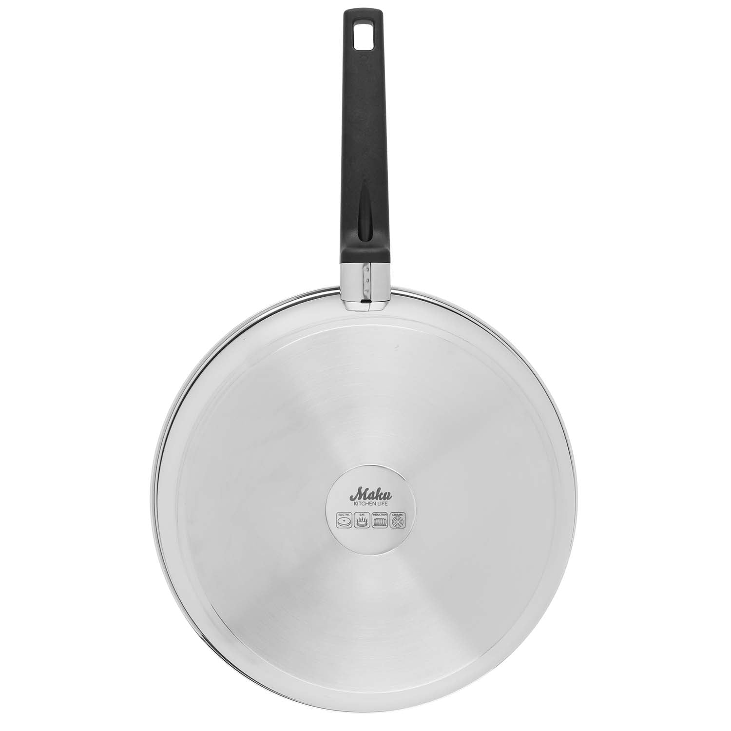 Bottom view of a silver frying pan with black handle and hob symbols.