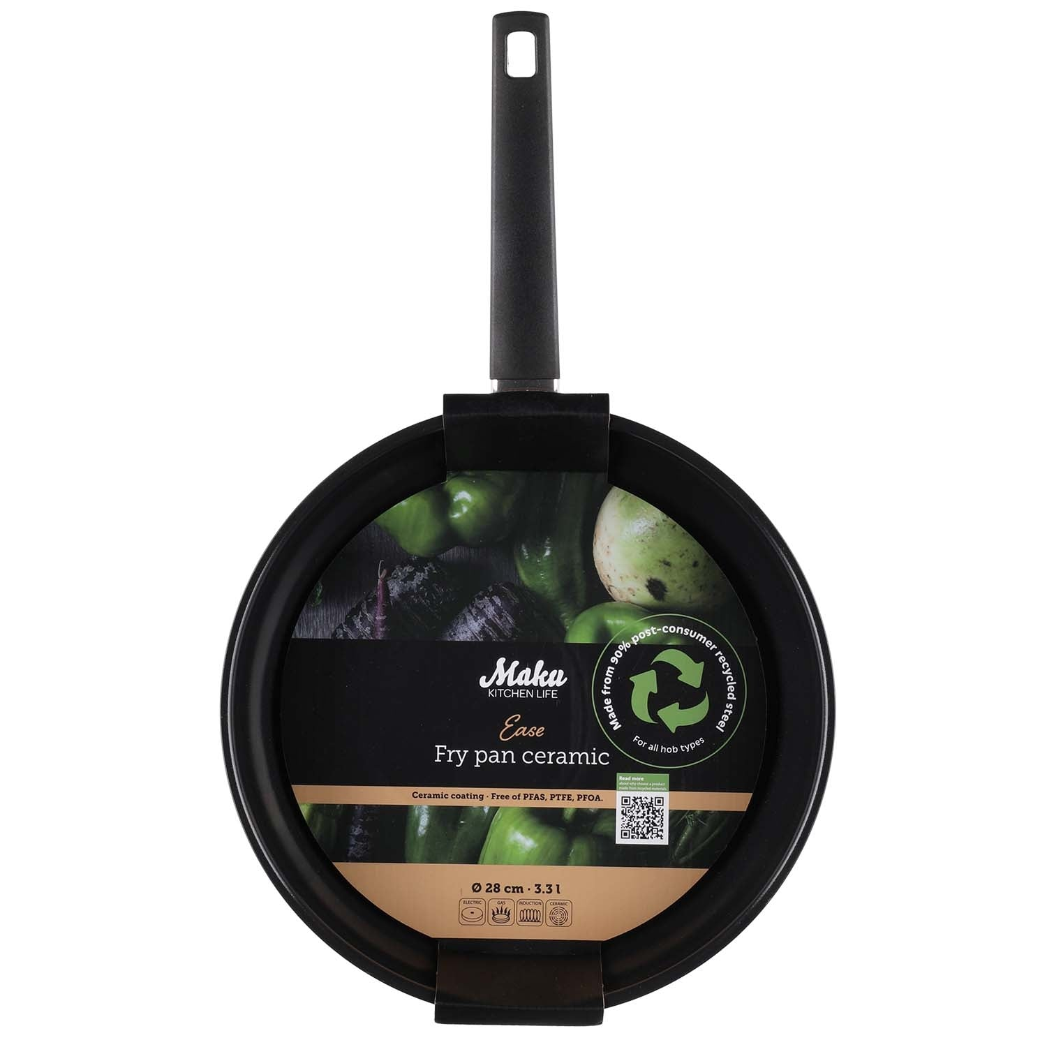 Black ceramic frying pan with black handle and image of vegetables.