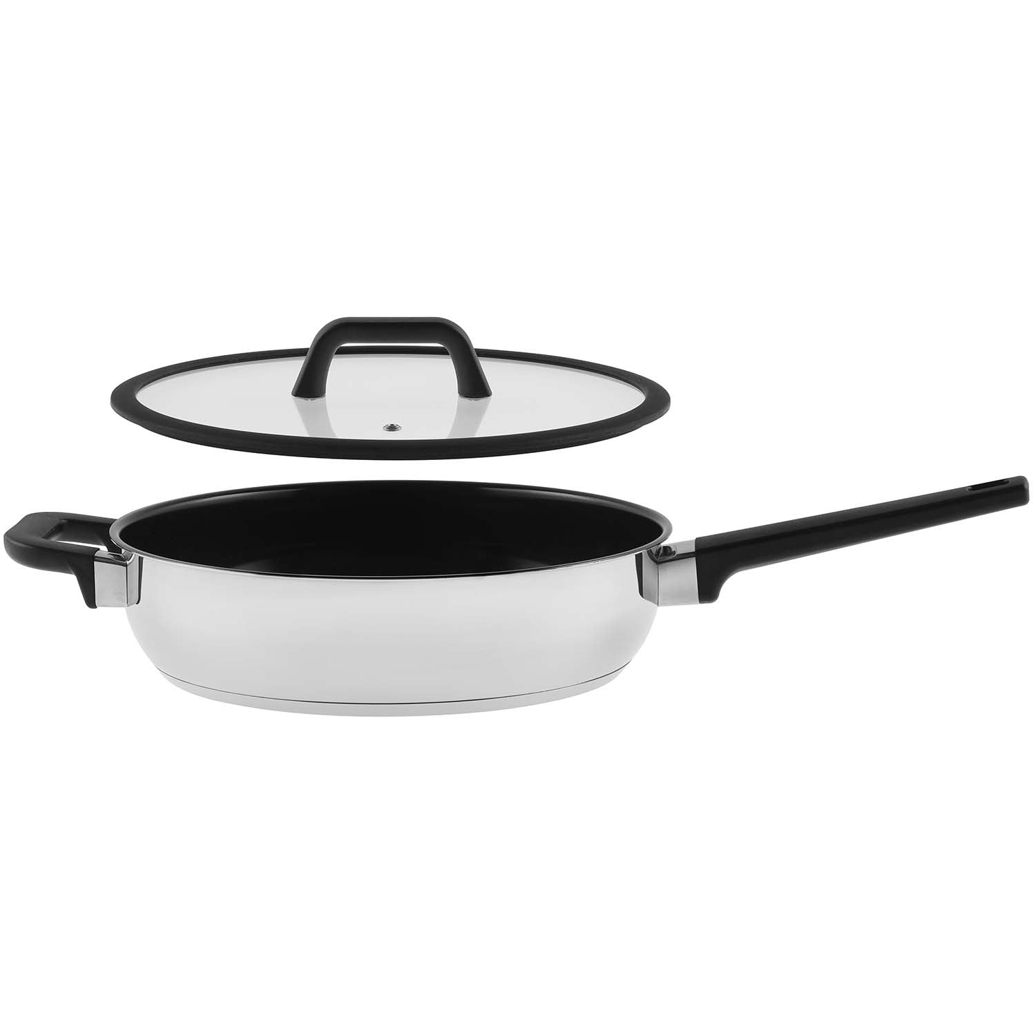 Stainless steel pan with a black handle and a glass lid.