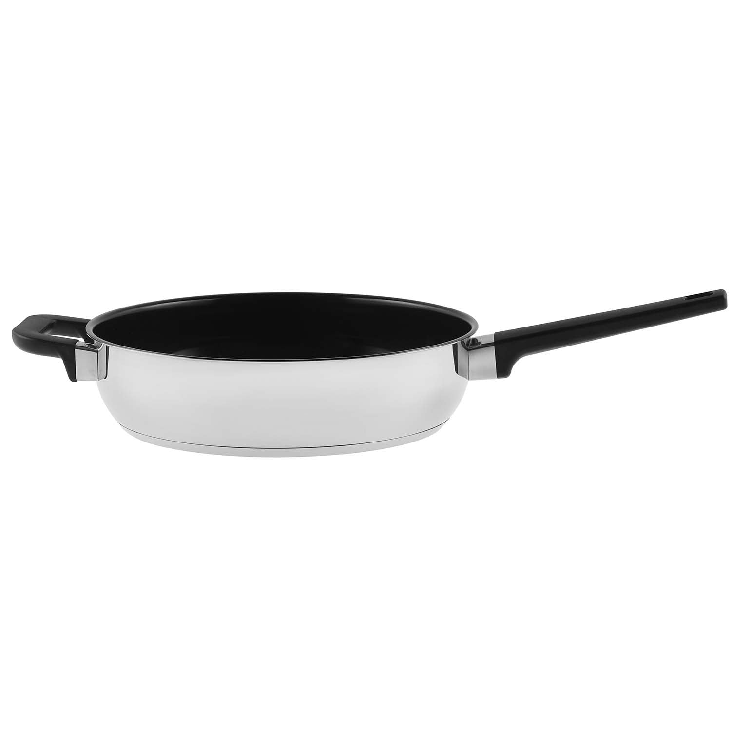A silver frying pan with a black handle and lid.