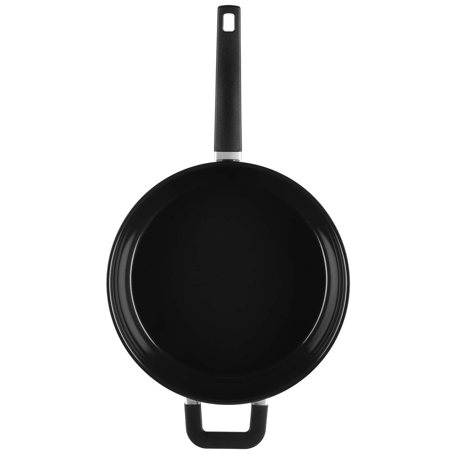 Black frying pan with black handle, viewed from above.