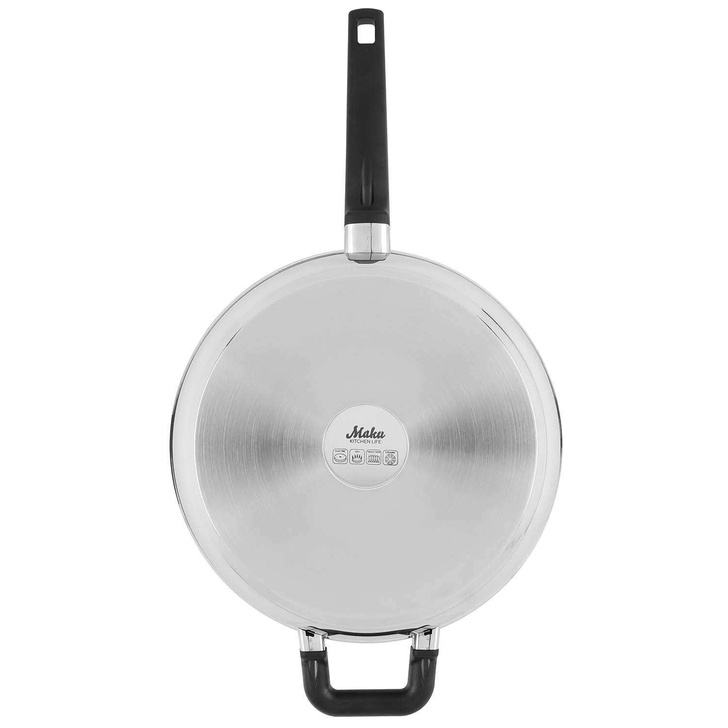 A silver frying pan with a black handle and helper handle, viewed from above.