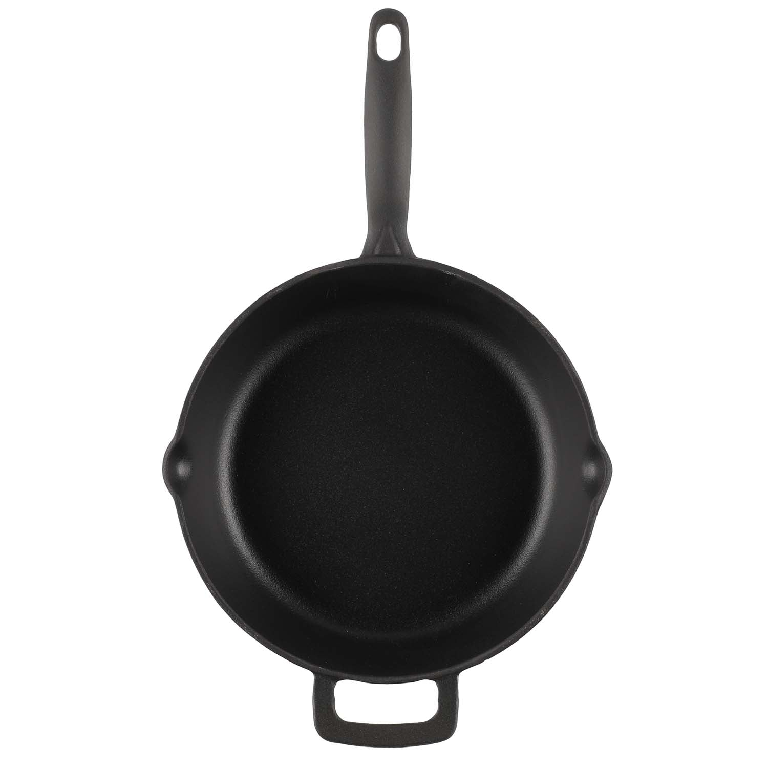 Black cast iron skillet with a handle and an additional loop handle on the opposite side.
