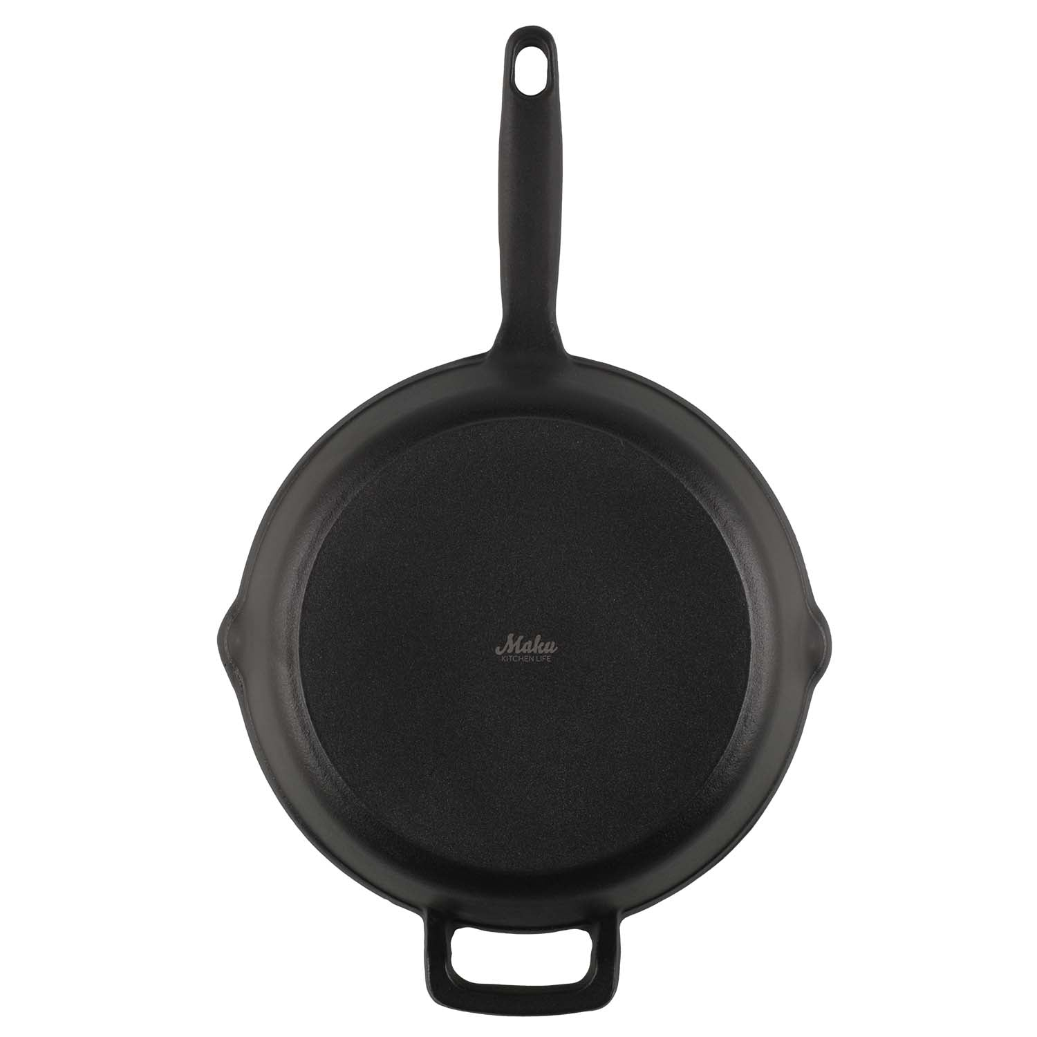 A black cast iron frying pan with one handle and two pouring spouts.