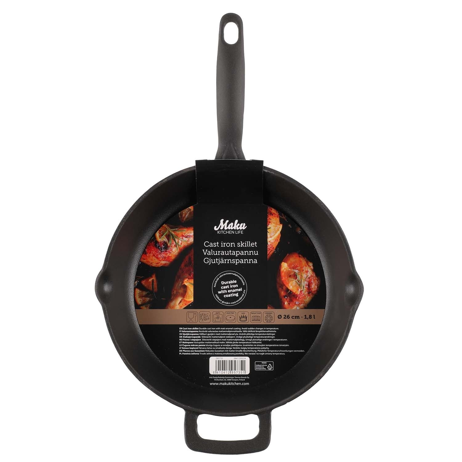 Black cast iron skillet with matte enamel finish, 26 cm diameter.