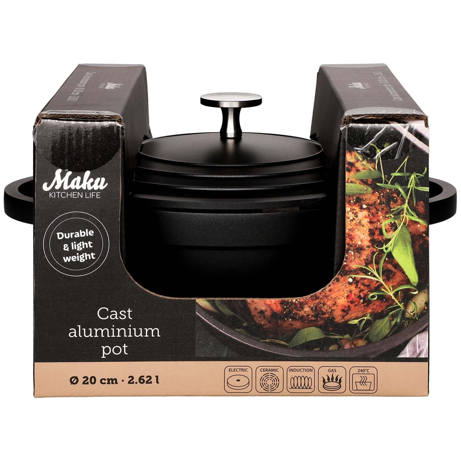 Zwarte Maku gietaluminium pan, 20 cm, met kookplaat compatibiliteitsiconen.