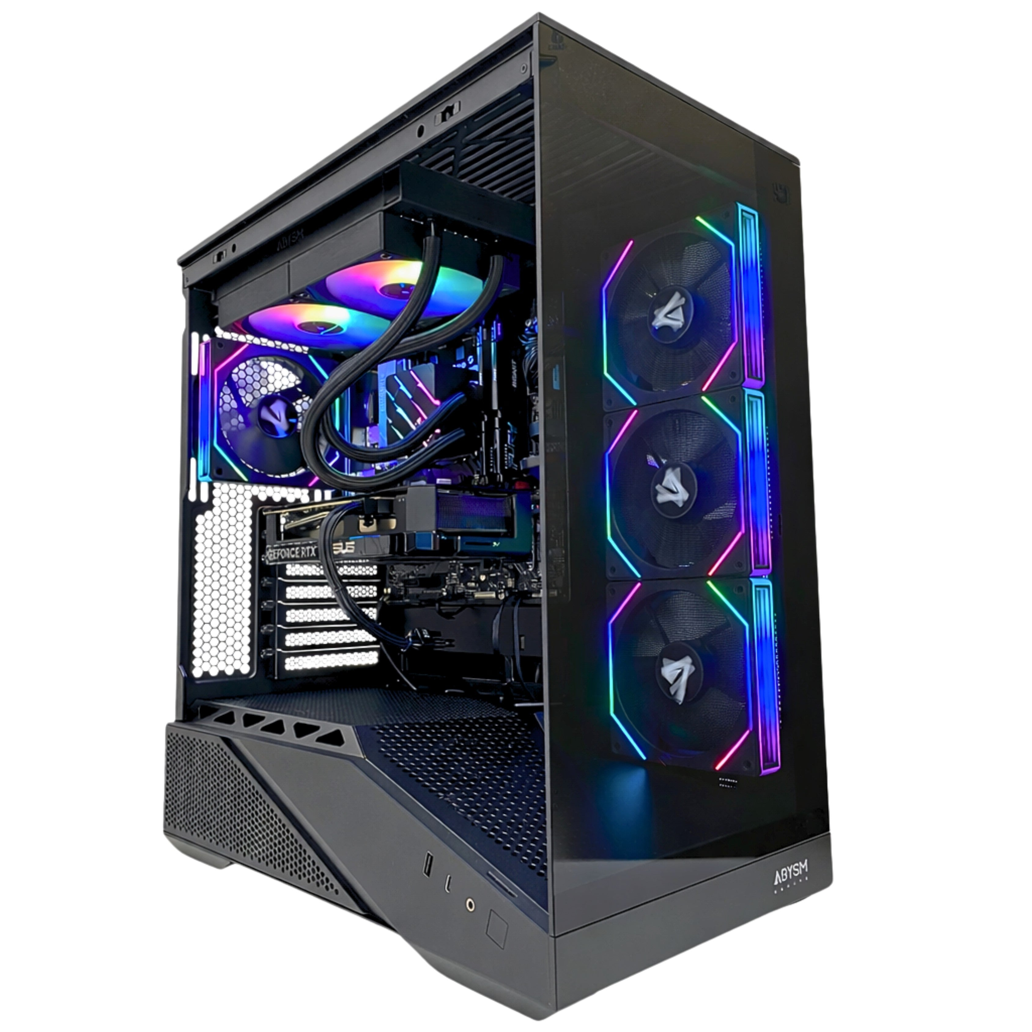 Una caja de PC negra con ventiladores RGB y ventana de cristal. Se ven componentes dentro.