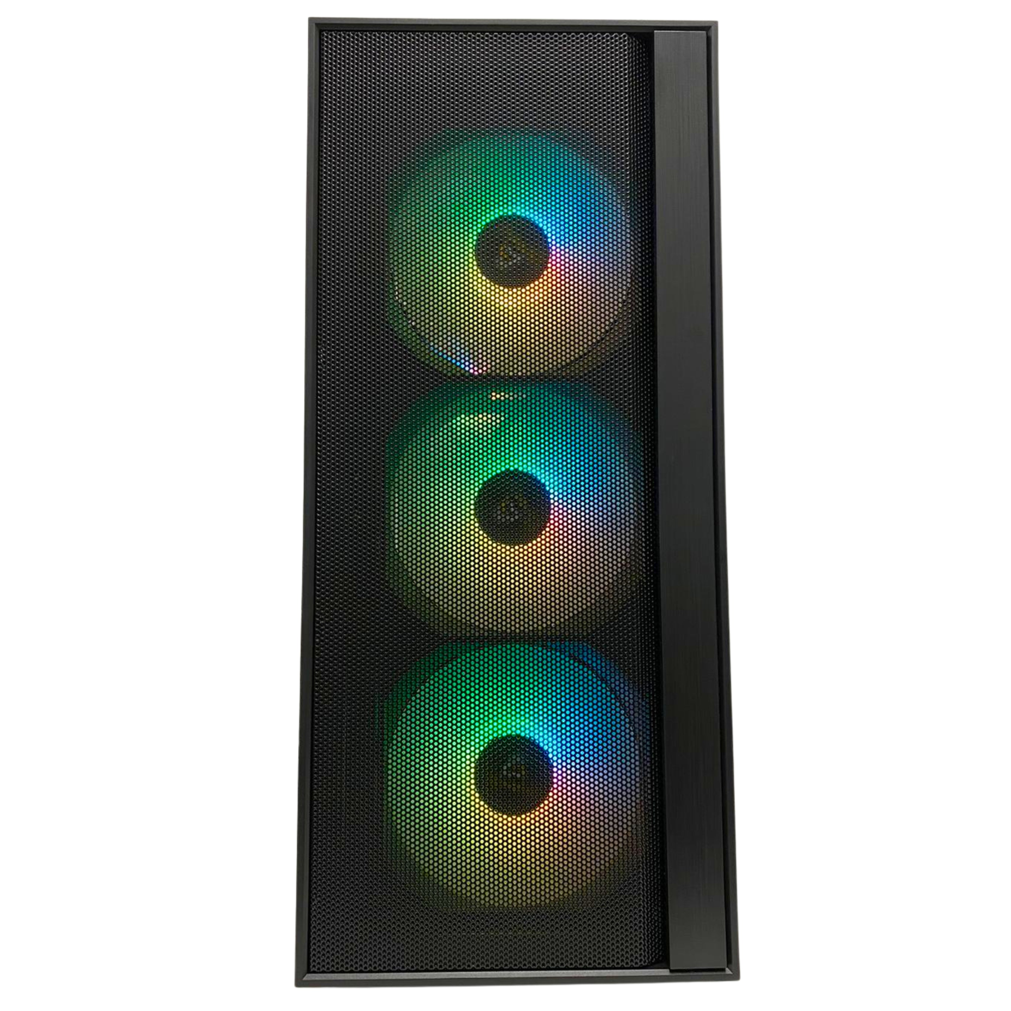 Un case per computer nero con tre ventole RGB illuminate.
