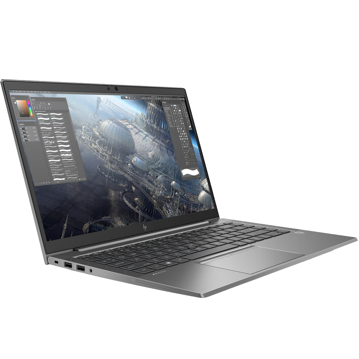 Un laptop argentato con schermo aperto, che mostra un'opera d'arte digitale complessa.