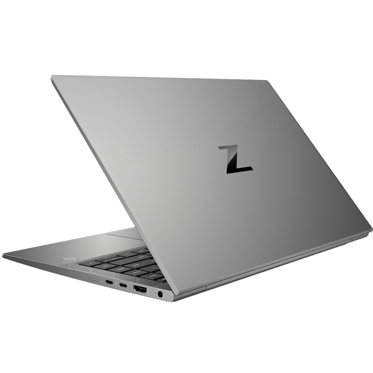 Un laptop argento con logo Z nero sul coperchio.