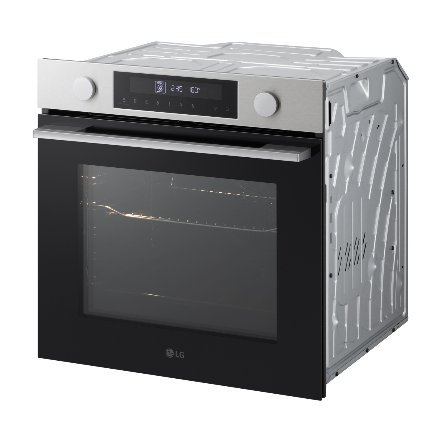 Un horno empotrable LG moderno con panel de control de acero inoxidable y puerta de cristal negro.