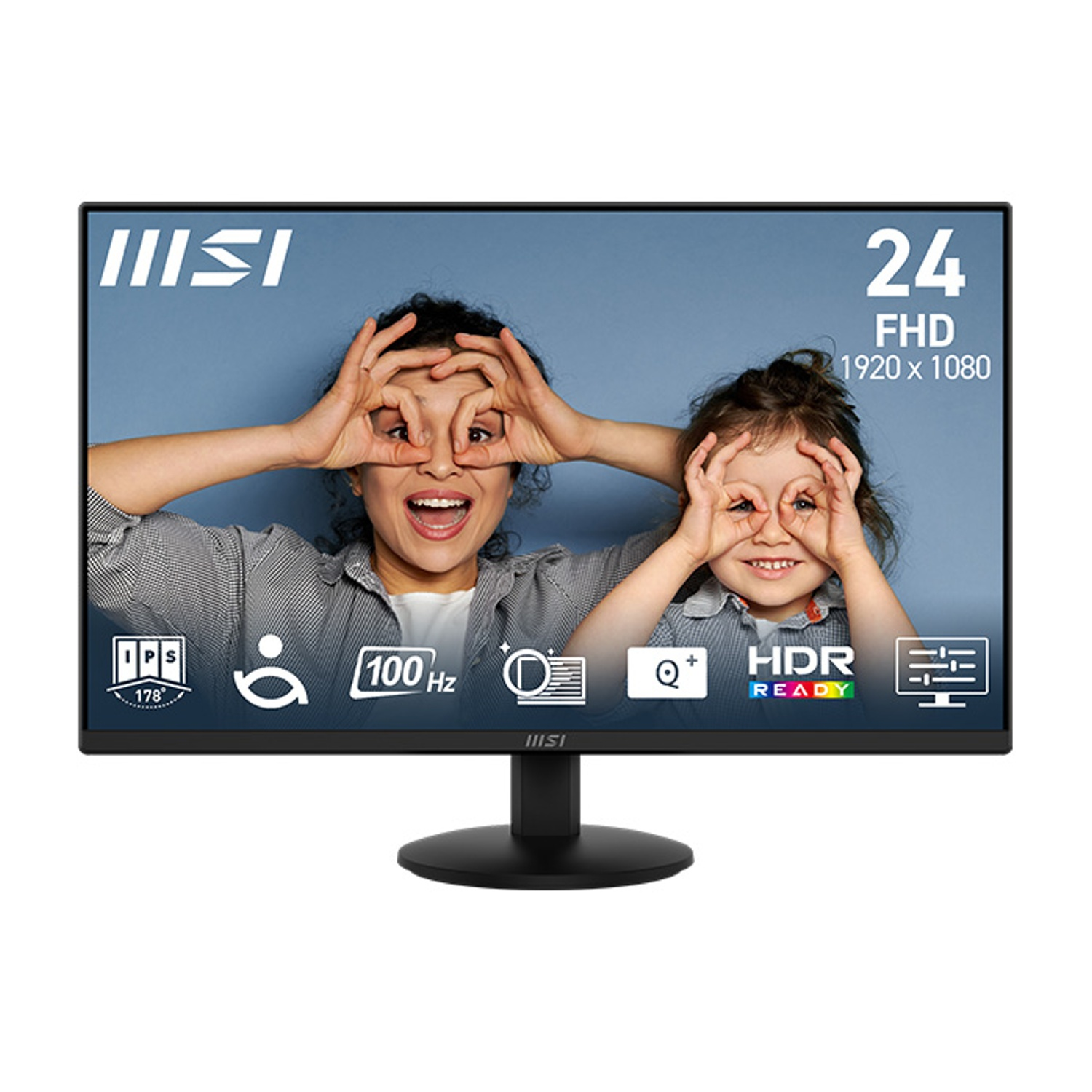 Monitor MSI FHD da 24 pollici con donna e bambino che fanno smorfie.