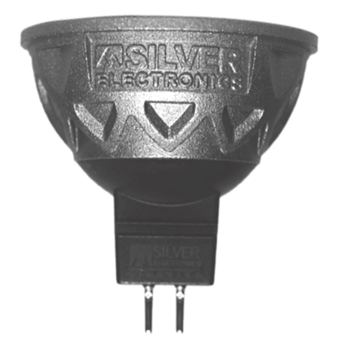 Un faretto GU10 argentato con logo 'SILVER ELECTRONICS'.