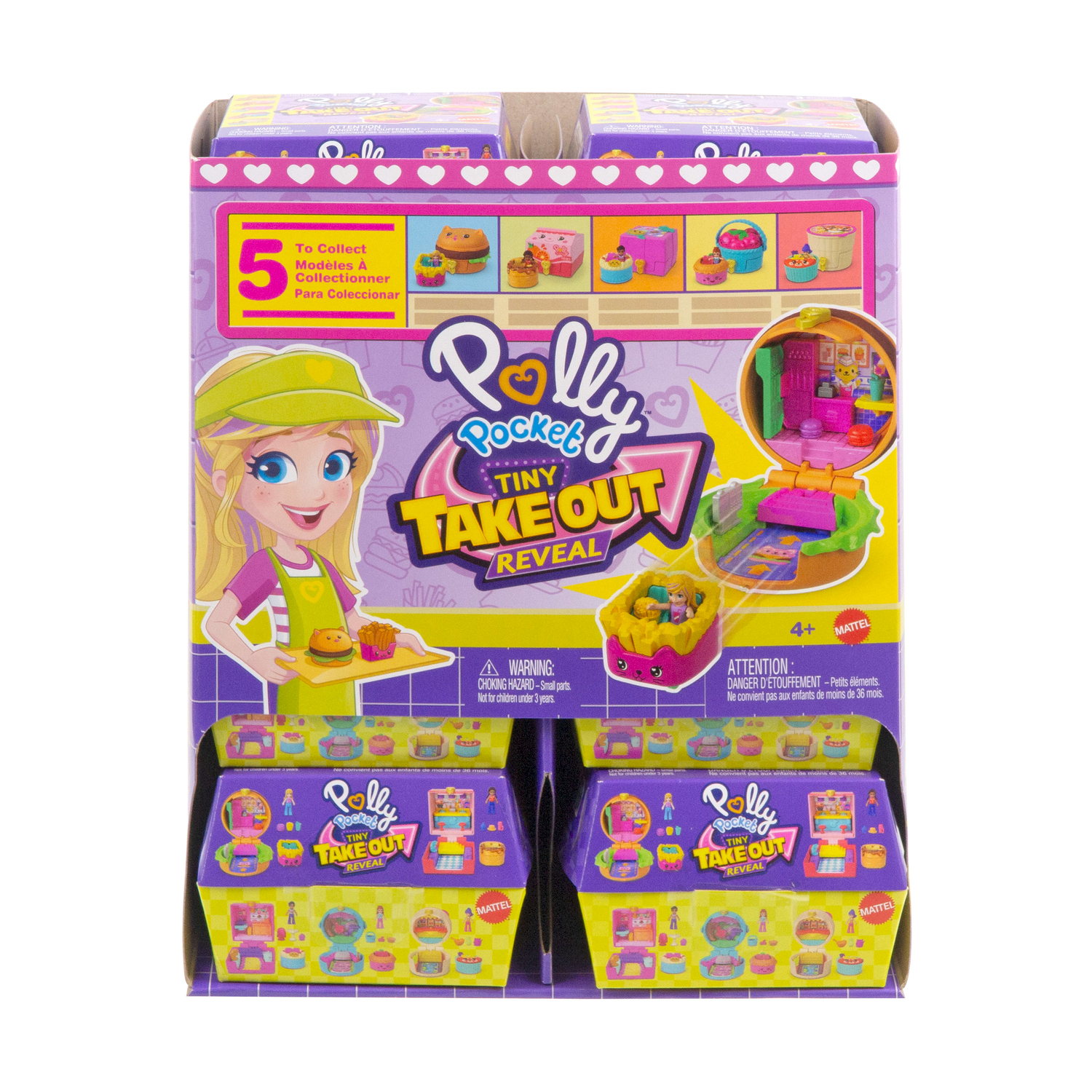 Polly Pocket Tiny Take Out Reveal Spielzeugverpackung mit Puppe und Miniatur-Essensspielzeugen.