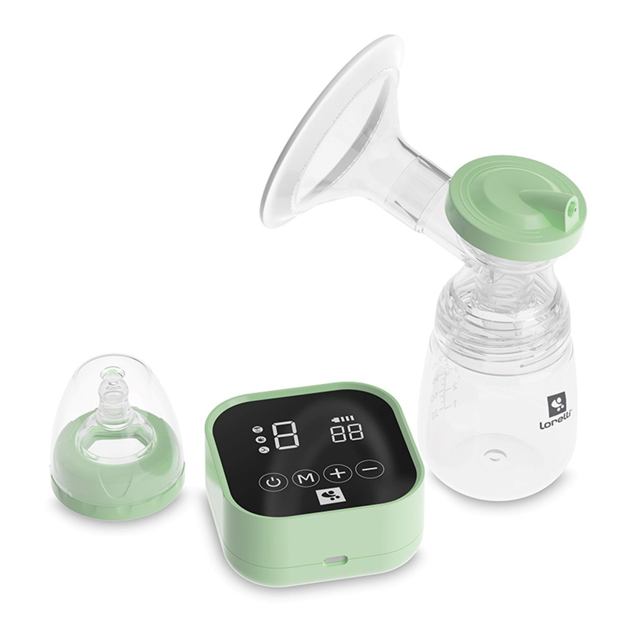 Ein tragbares Milchpumpenset mit grünem Bedienfeld, Flasche und Schnuller.